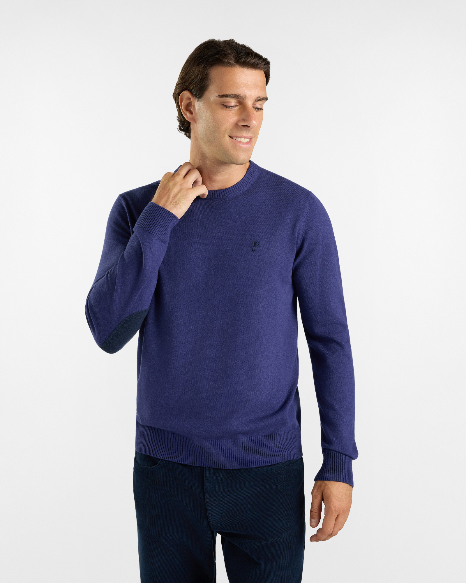 Maglia HBJ Uomo in punto cardato con toppe, girocollo in misto lana e cashmere blu
