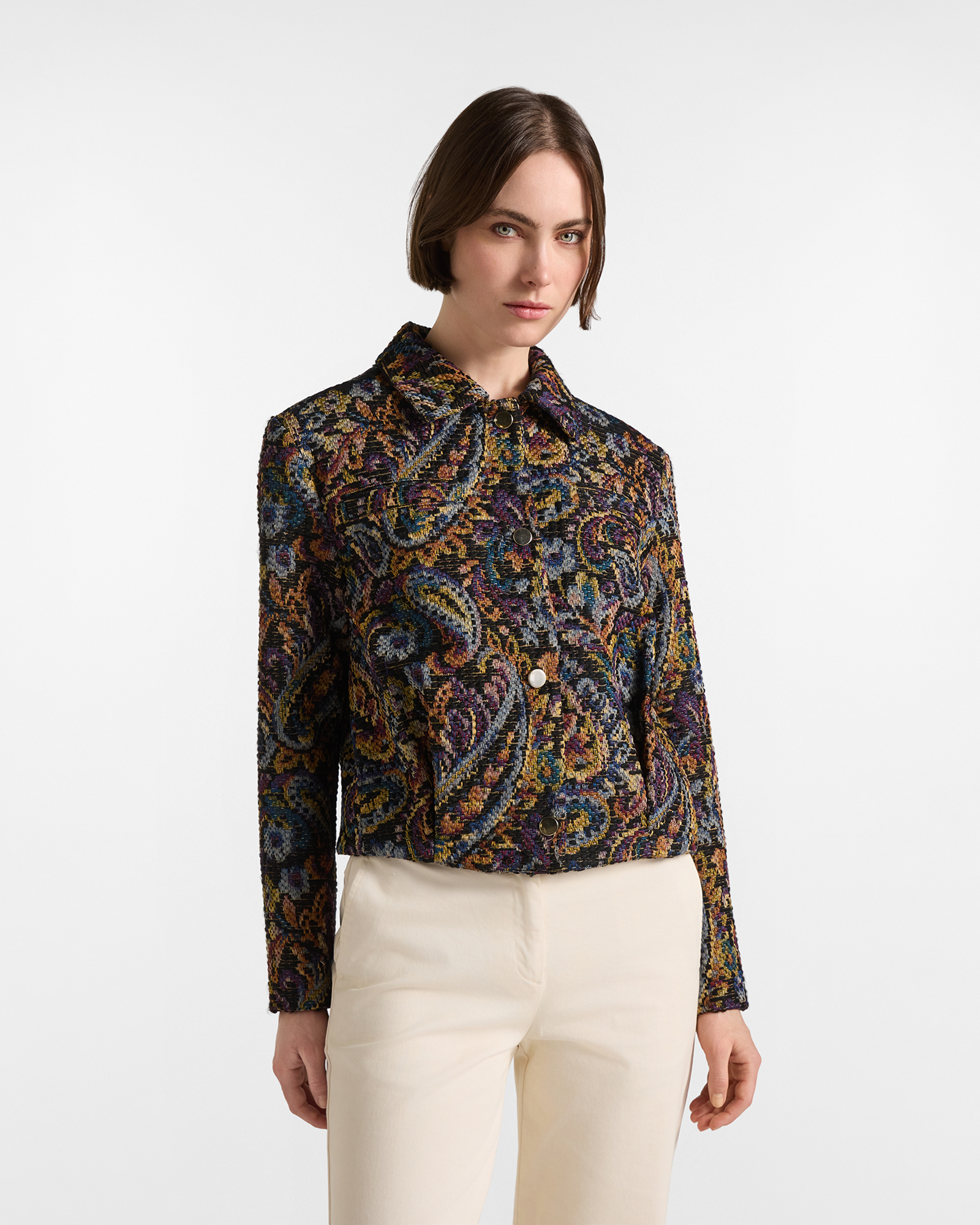 Giacca Donna corta regular in tessuto jacquard nero