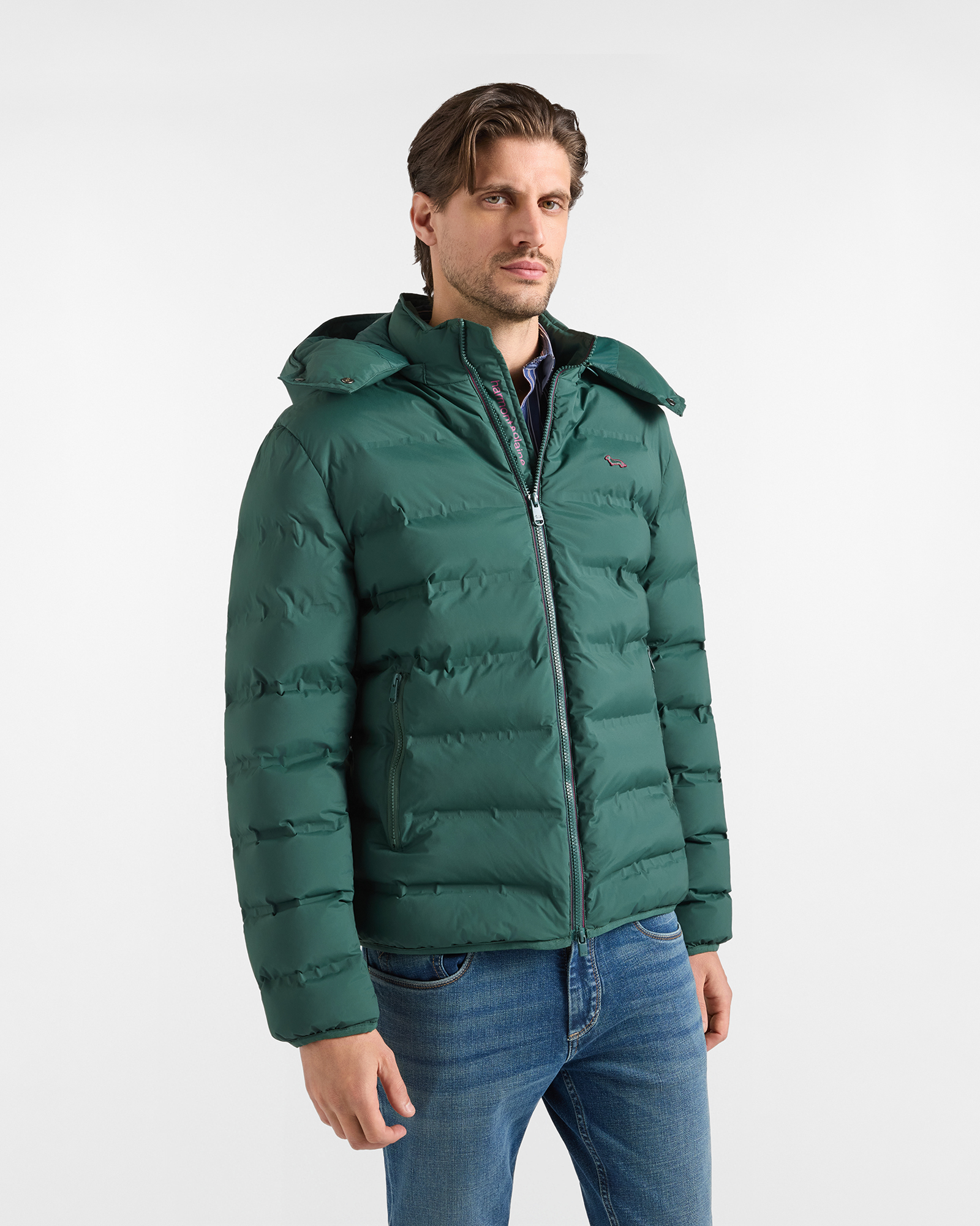 Bomber Uomo Imbottito in Nylon Tecnico Stretch Verde Bottiglia