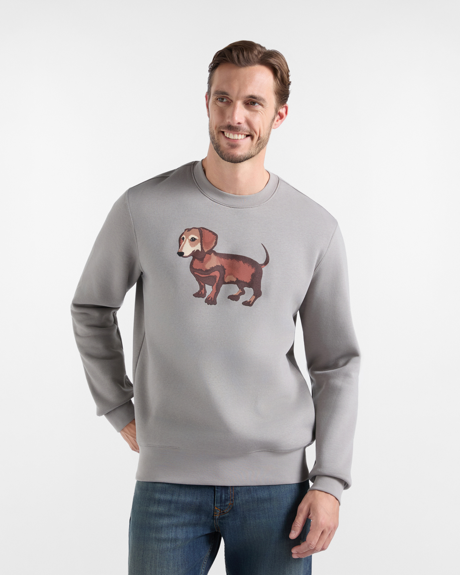 Felpa Uomo girocollo in garzata con maxi Bassotto stampato grigio capsule Blaine