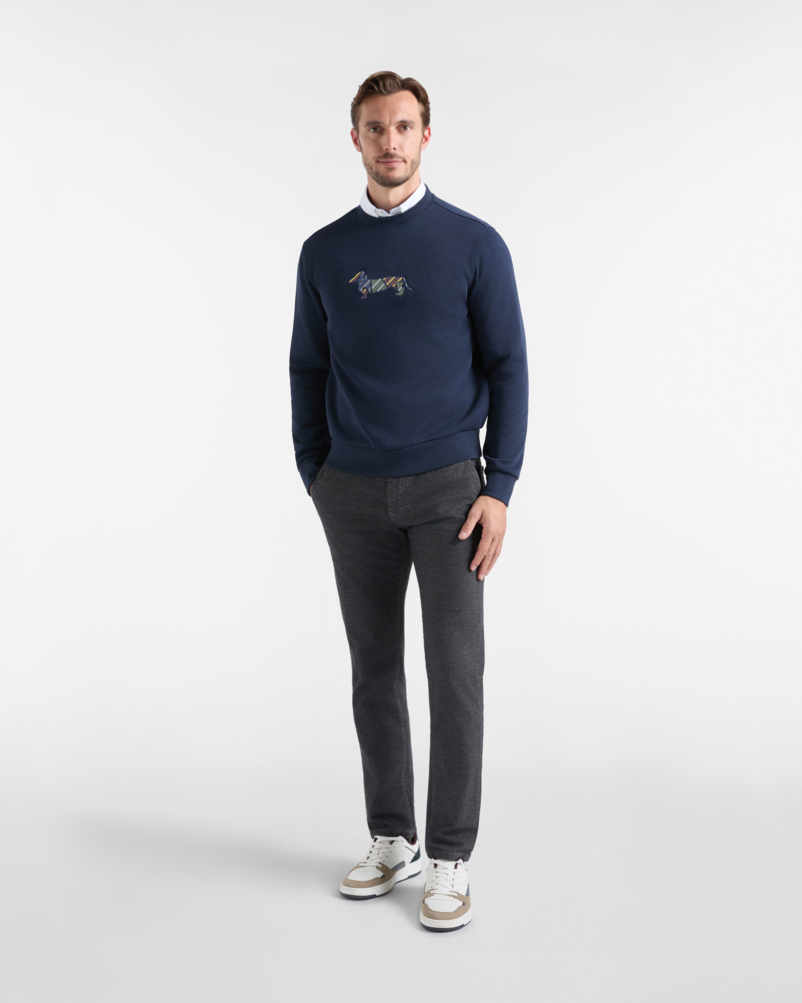 Felpa Uomo girocollo in cannetta blu con patch regimental, BLU NAVY, large