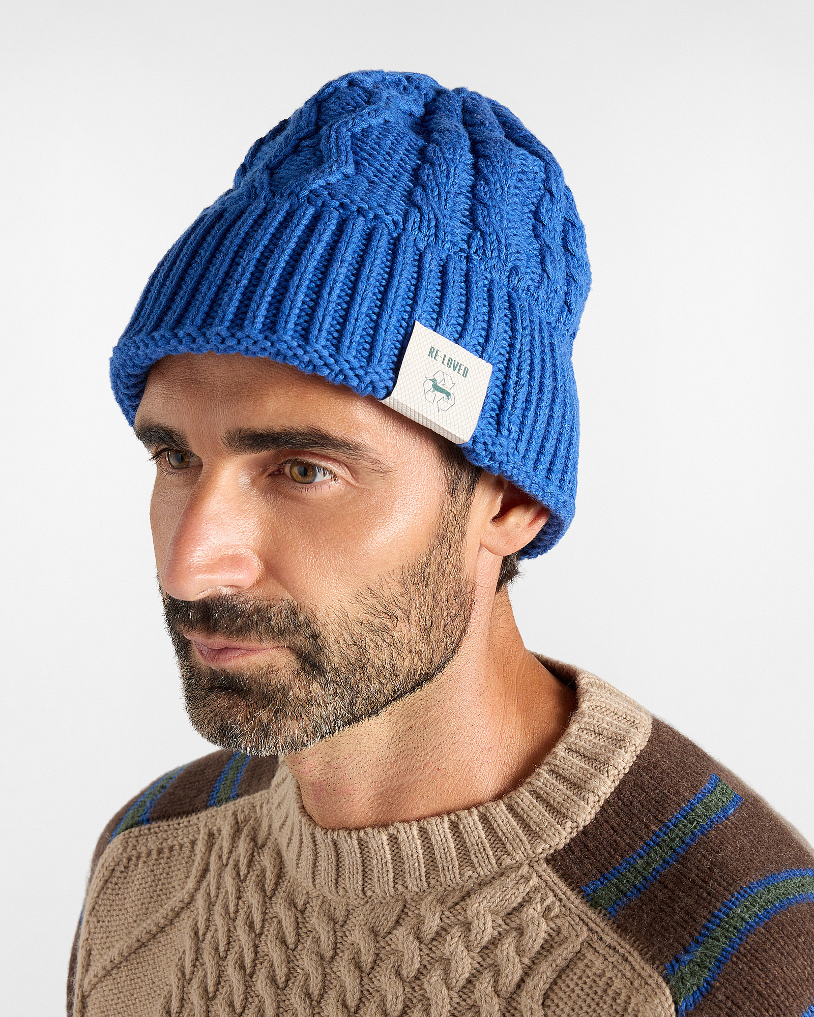 Beanie Uomo Aran a trecce in misto lana bluette Capsule Re-Loved Made in Italy