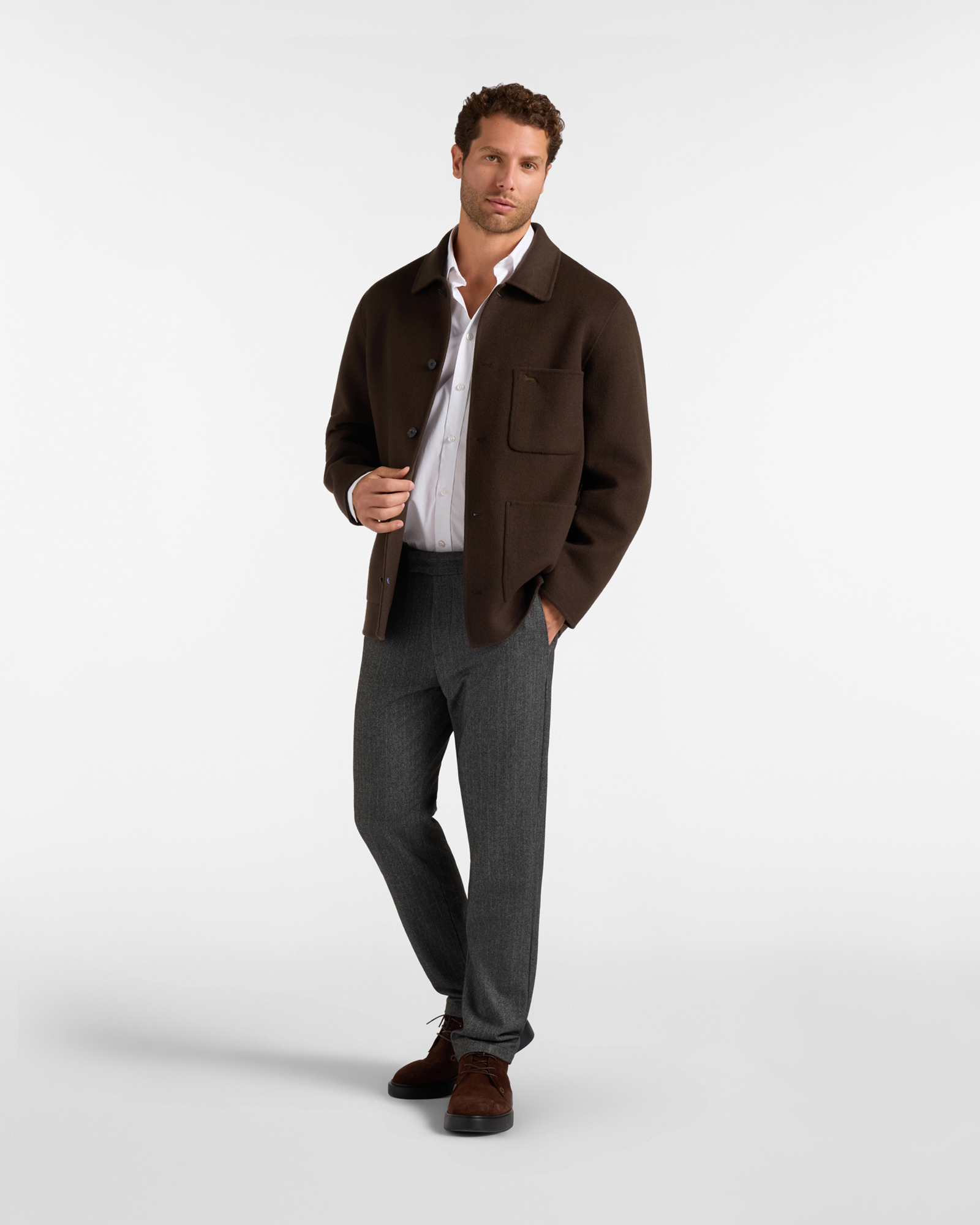 Overshirt da uomo in pura lana con tasche a patch, TESTA DI MORO, large
