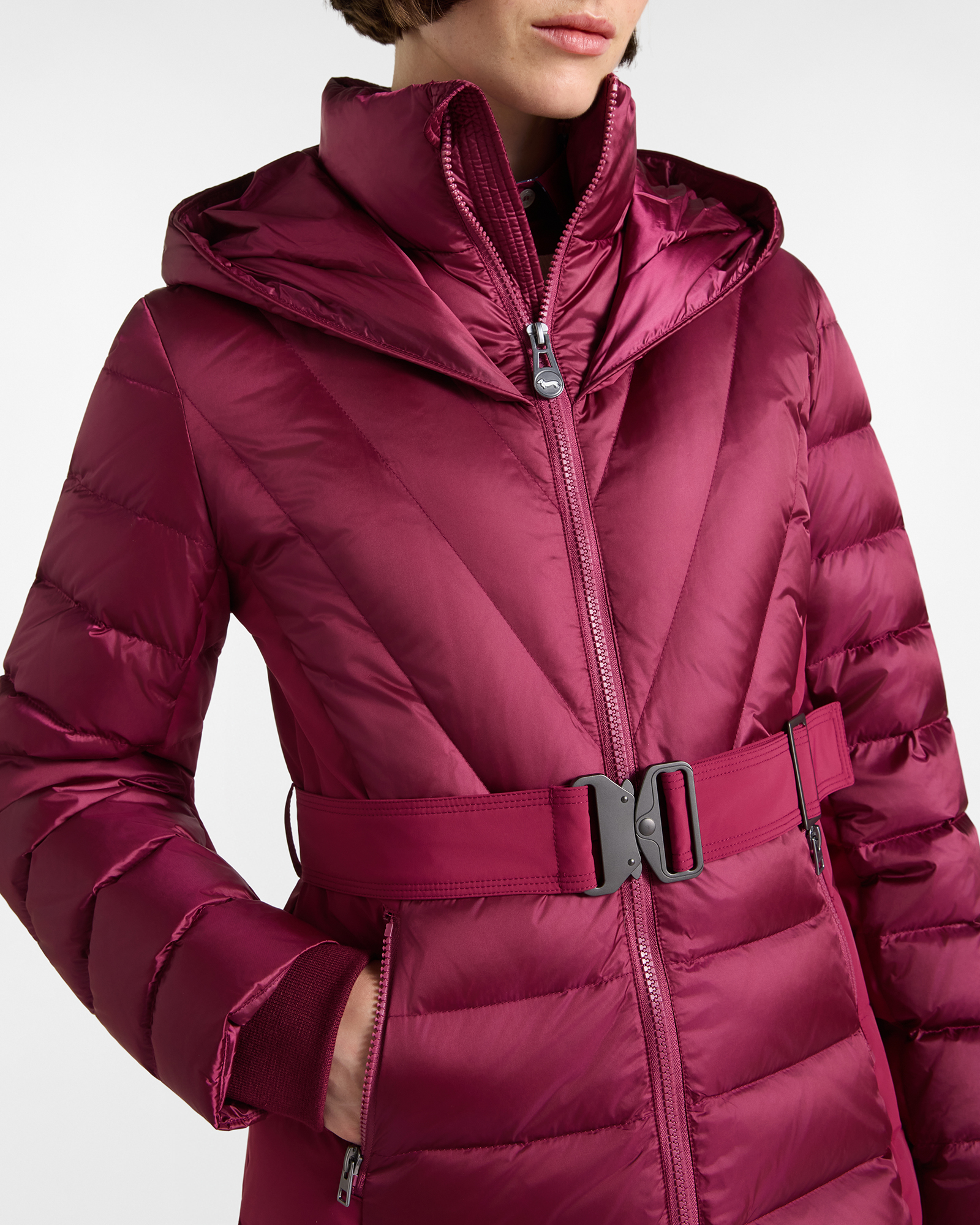 Piumino Donna in piuma con doppio collo e cappuccio in nylon tecnico, CICLAMINO, large