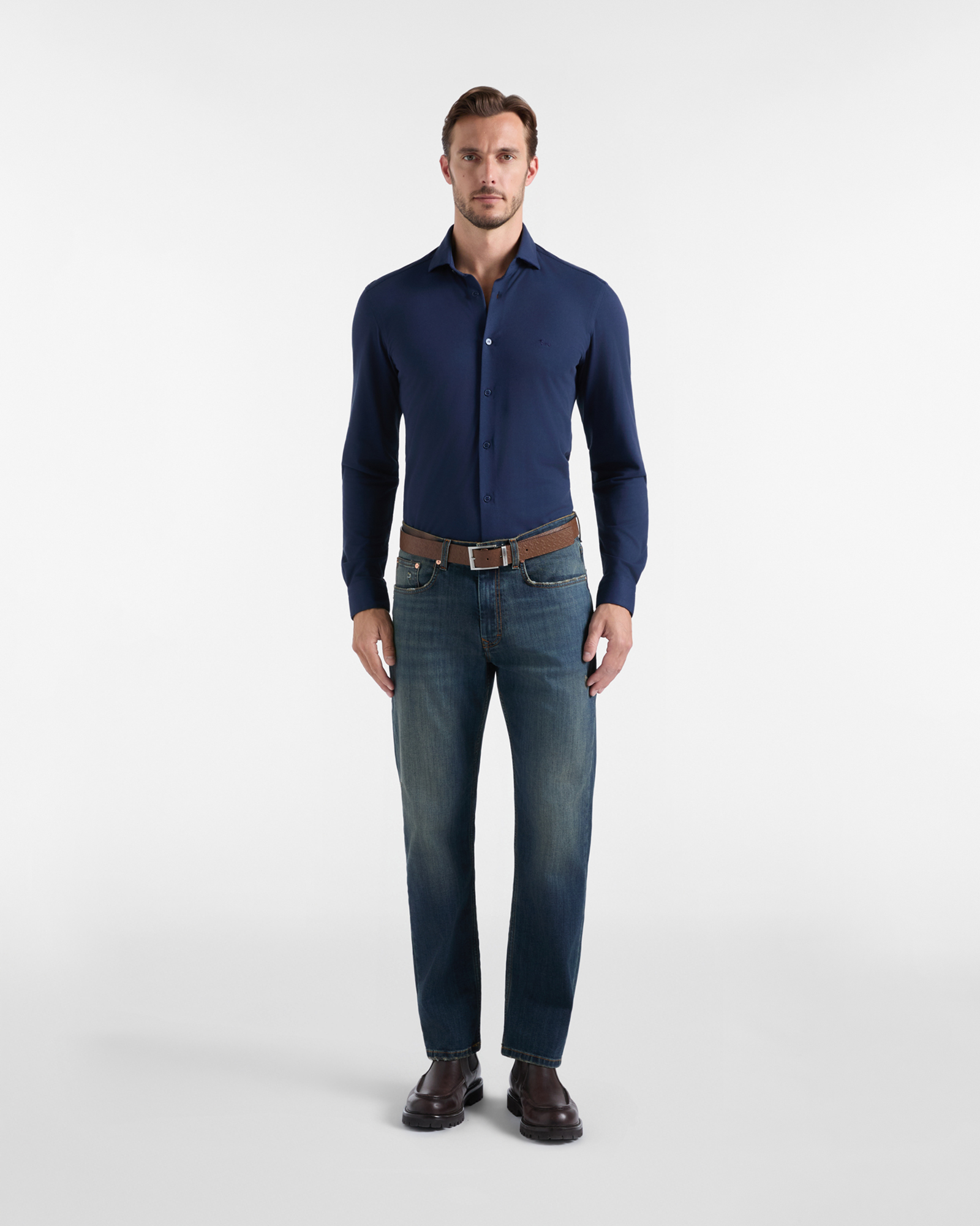 Camicia Uomo in piquet tinta unita Narrow Fit, BLU NAVY, large
