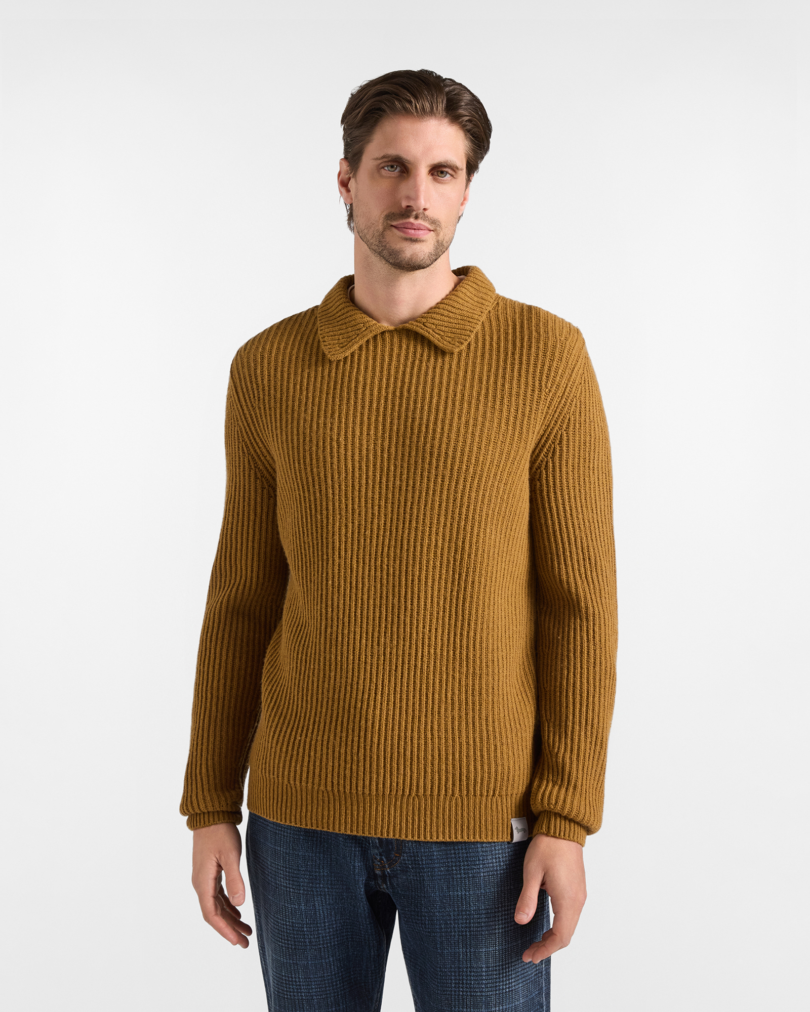 Pullover Uomo con colletto polo abbottonato in misto lana marrone Regular Fit Made in Italy