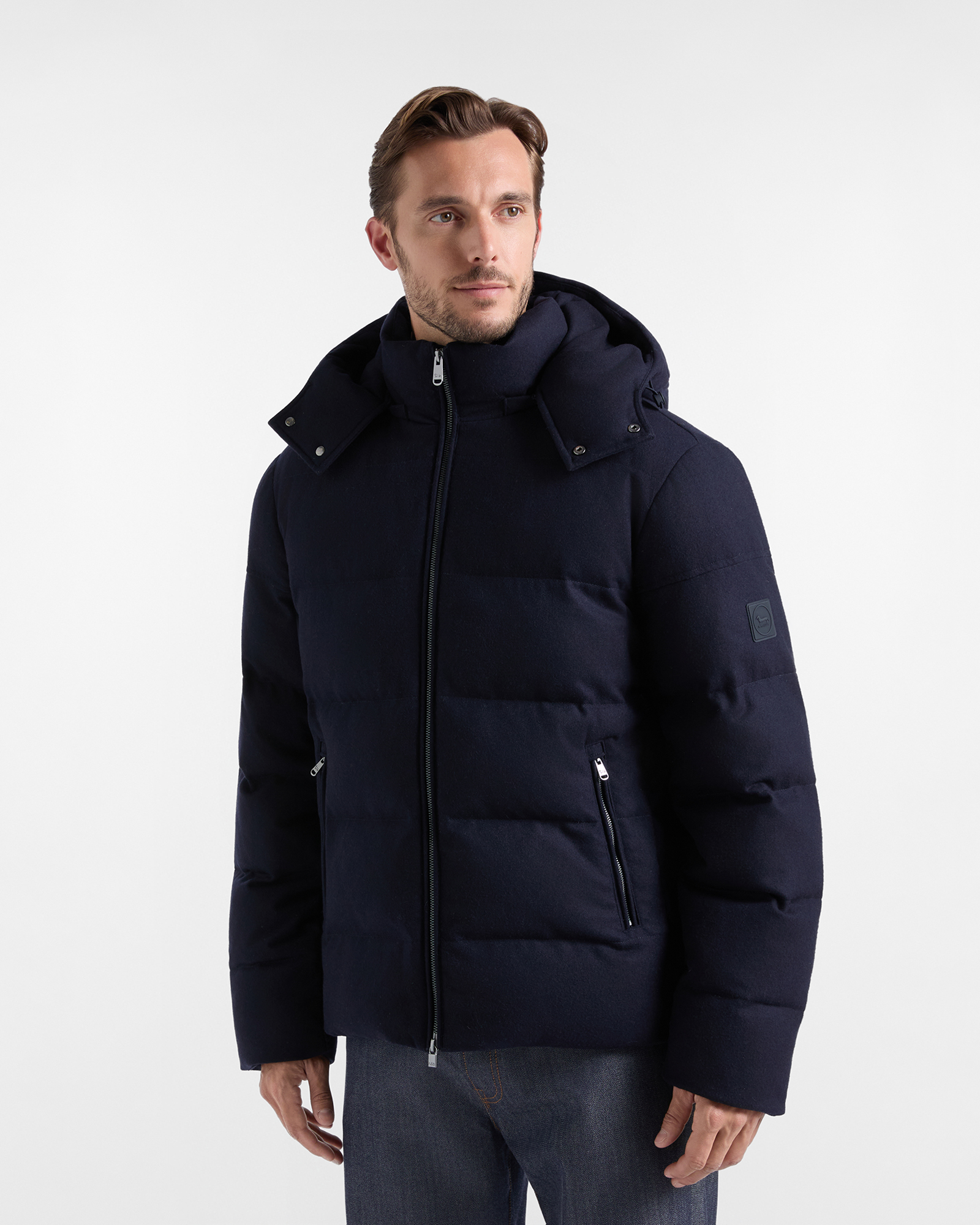 Bomber Uomo imbottito con cappuccio in misto lana e seta blu navy