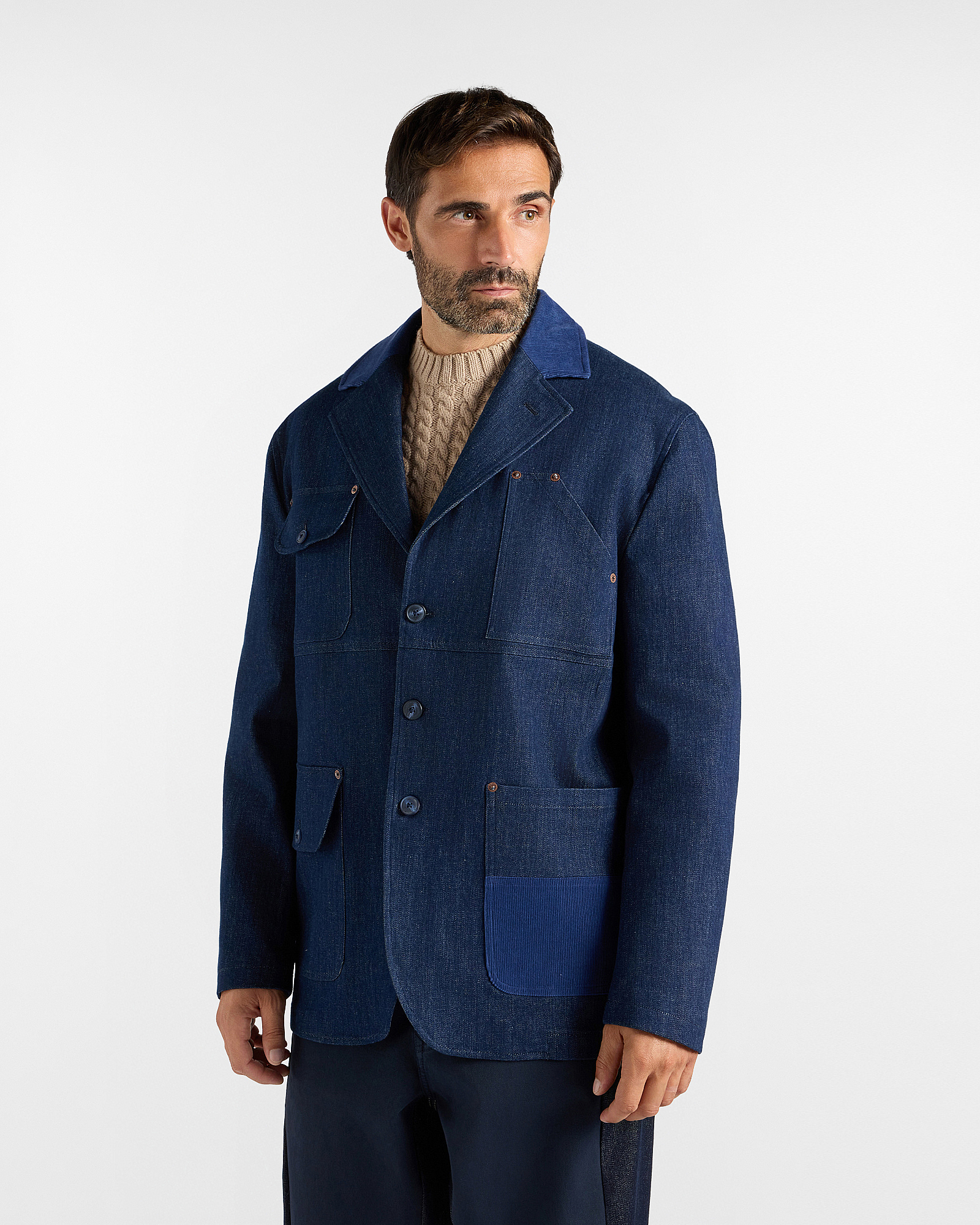 Giacca Uomo Re-Loved Blu in Denim di Cotone Stretch con Dettagli in Velluto Made in Italy