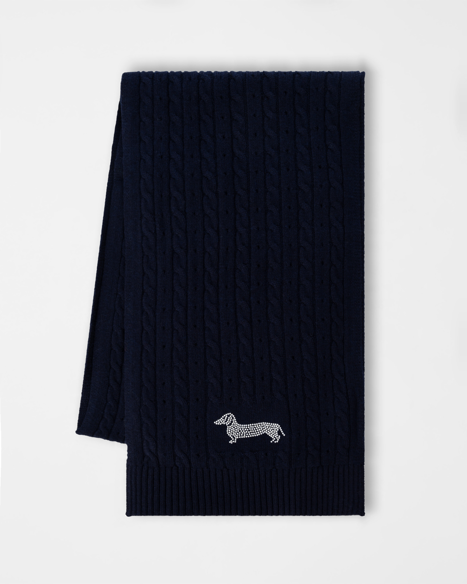 Sciarpa Donna in Maglia Blu Navy con Trecce e Bassotto in Strass