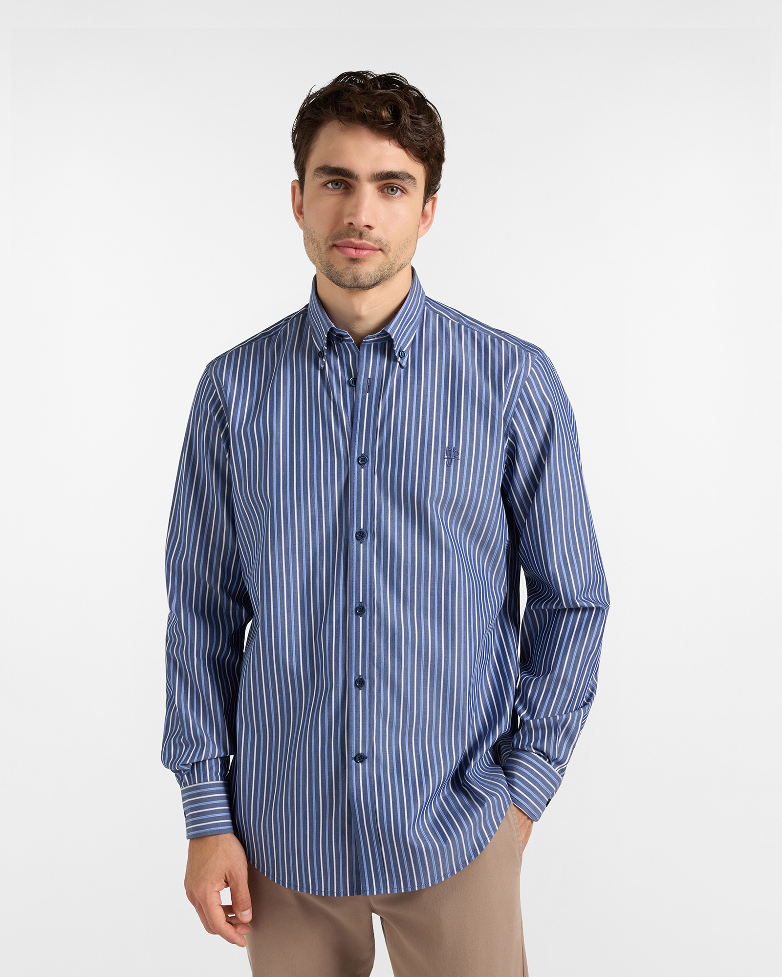 Camicia HBJ Uomo Regular Fit con collo Montecarlo in puro cotone a righe blu denim