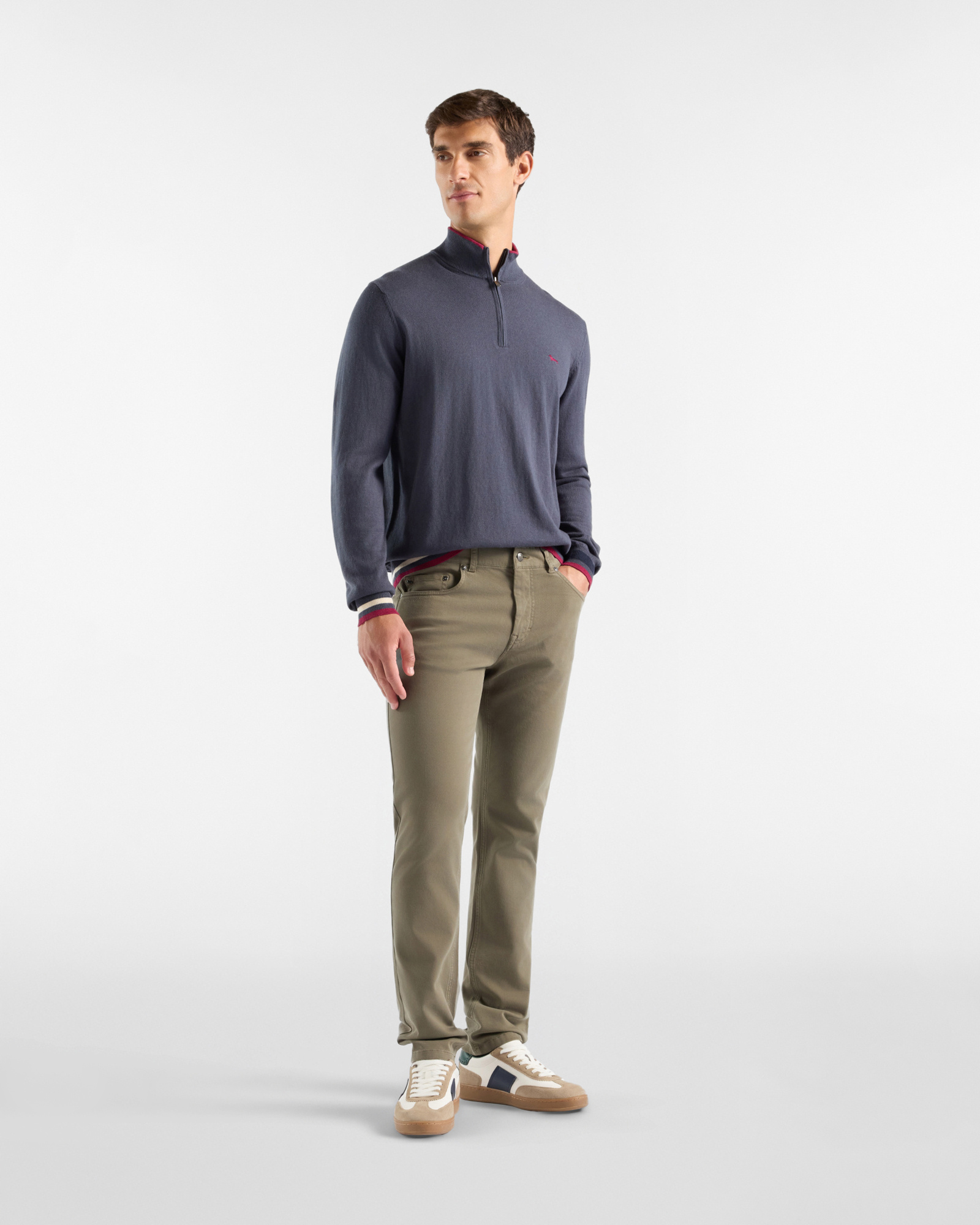 Maglia Uomo con collo alto half zip in misto lana e cotone Regular Fit, GRIGIO, large