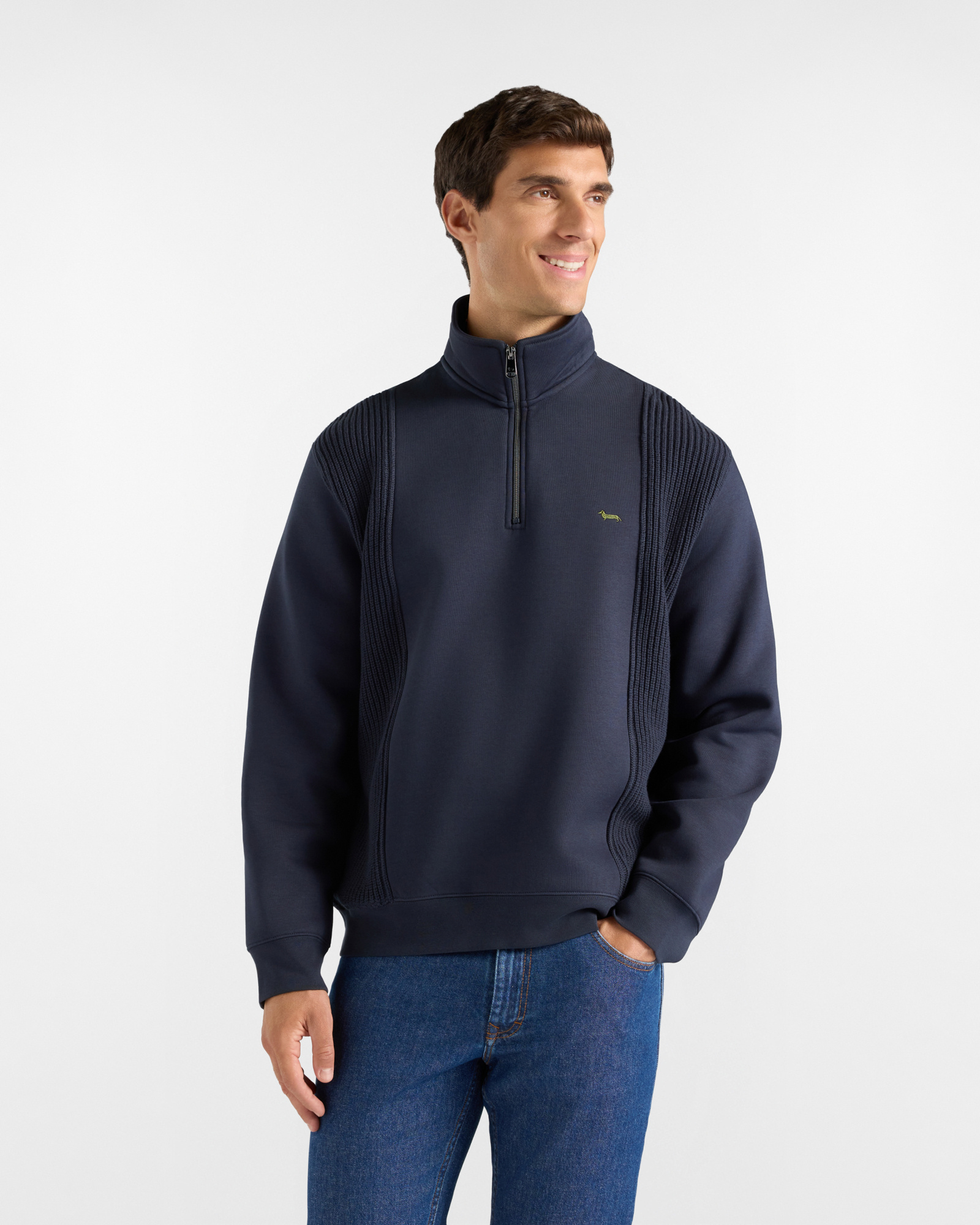 Felpa Uomo Half Zip in Tessuto Tecnico con Inserti in Maglia Blu Scuro