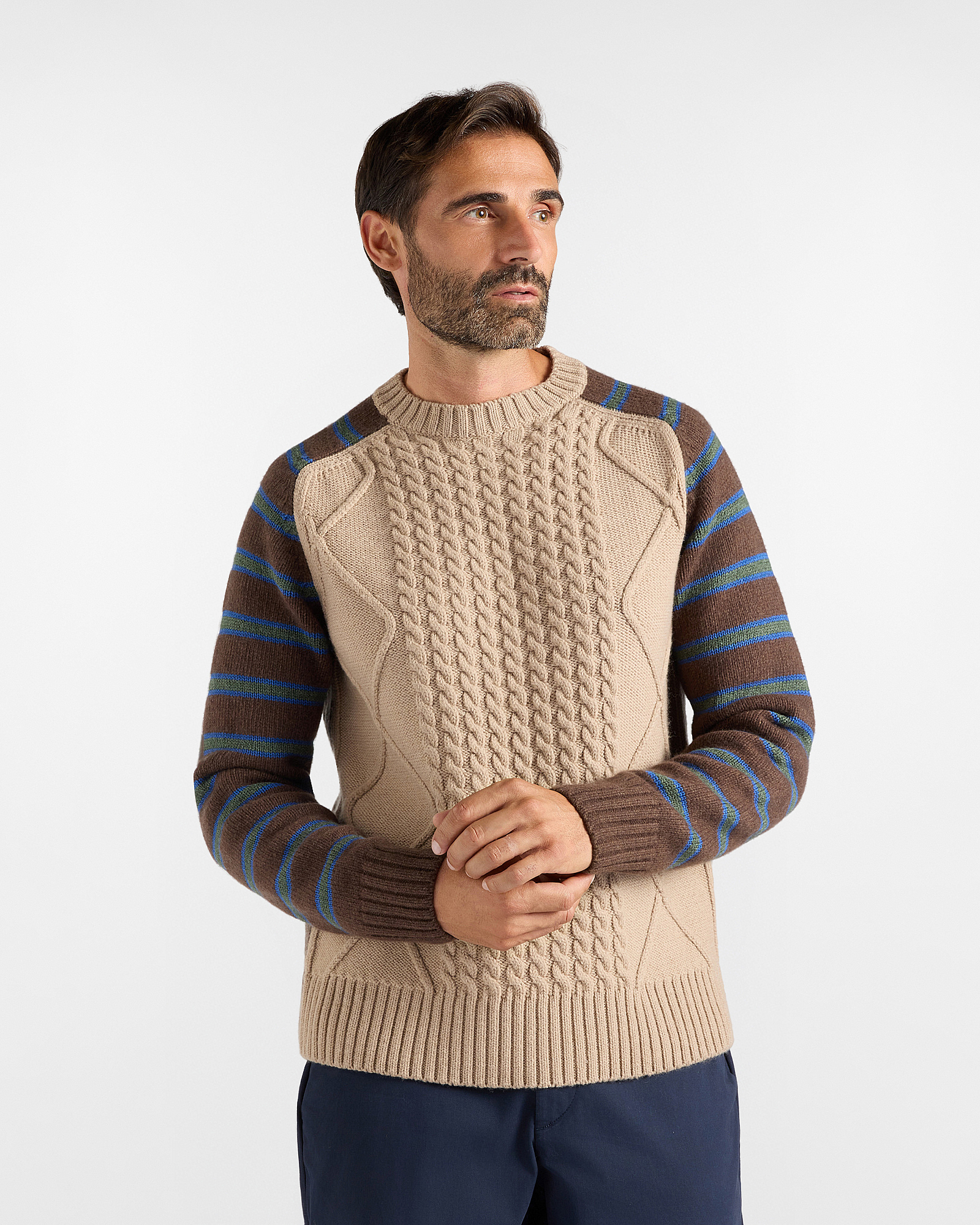Maglia Uomo con trecce e righe agugliate a mano in misto lana marrone scuro Made in Italy