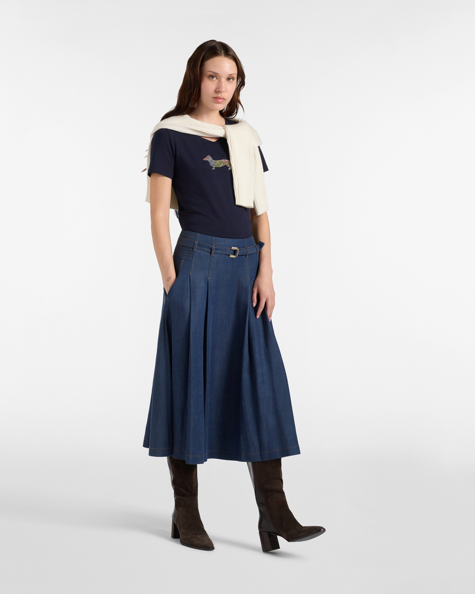 T-shirt Donna in cotone stretch  con Maxi Bassotto, BLU, large