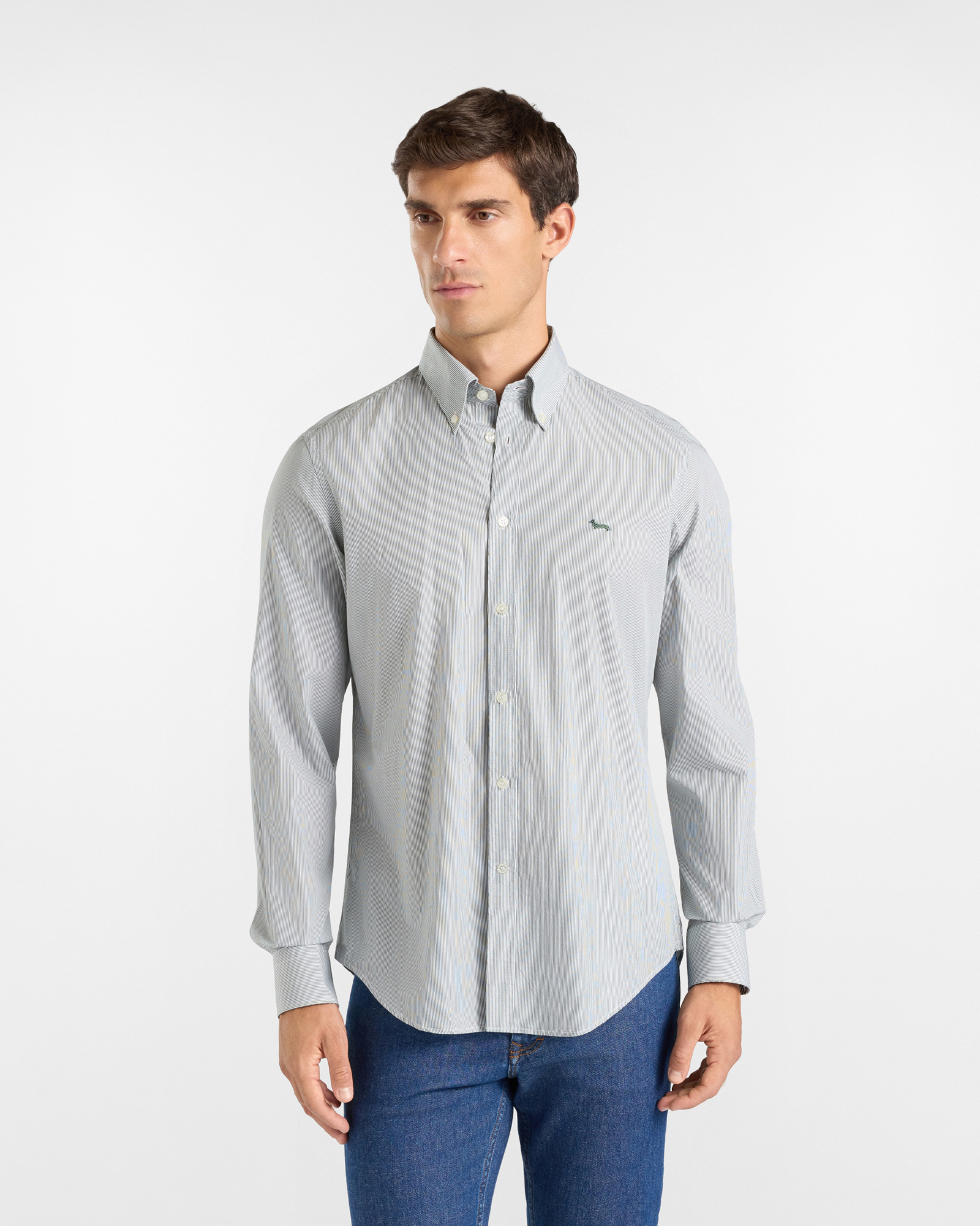 Camicia Uomo micro riga tinto filo Regular Fit verde bottiglia