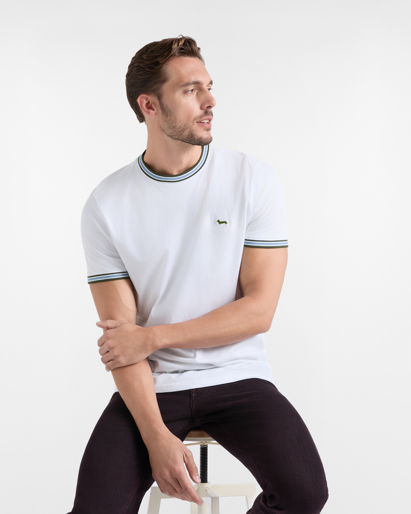 T-shirt Uomo con girocollo a costine rigate in 100% puro cotone Regular Fit, BIANCO, large