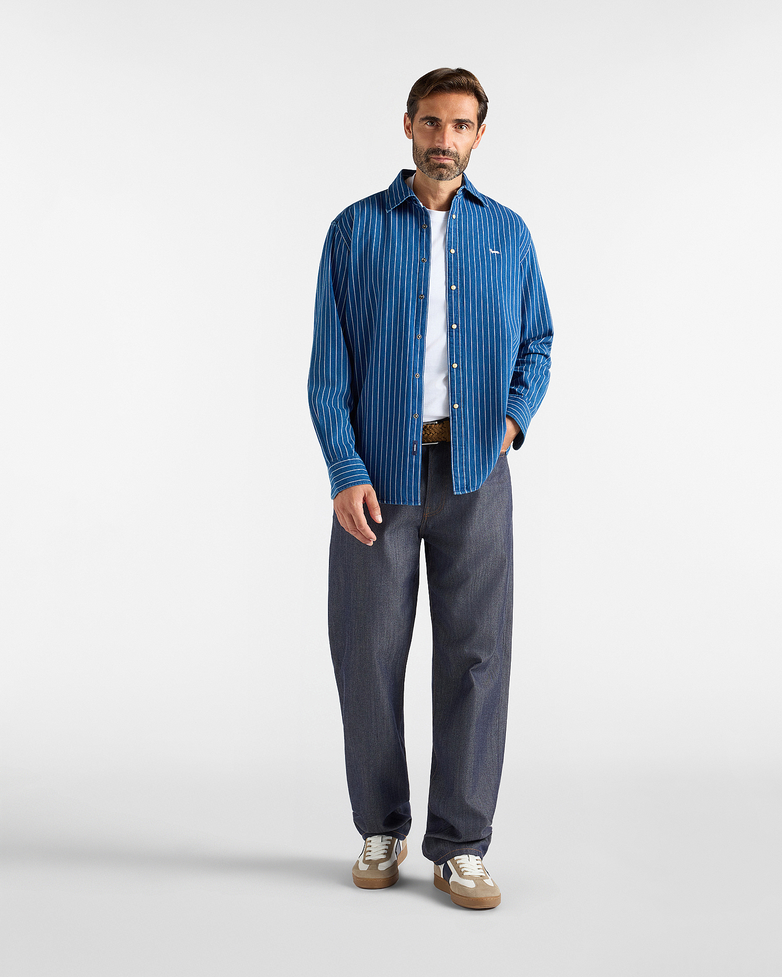 Camicia Uomo in denim con righe sottili Classic Fit, BLU DENIM, large