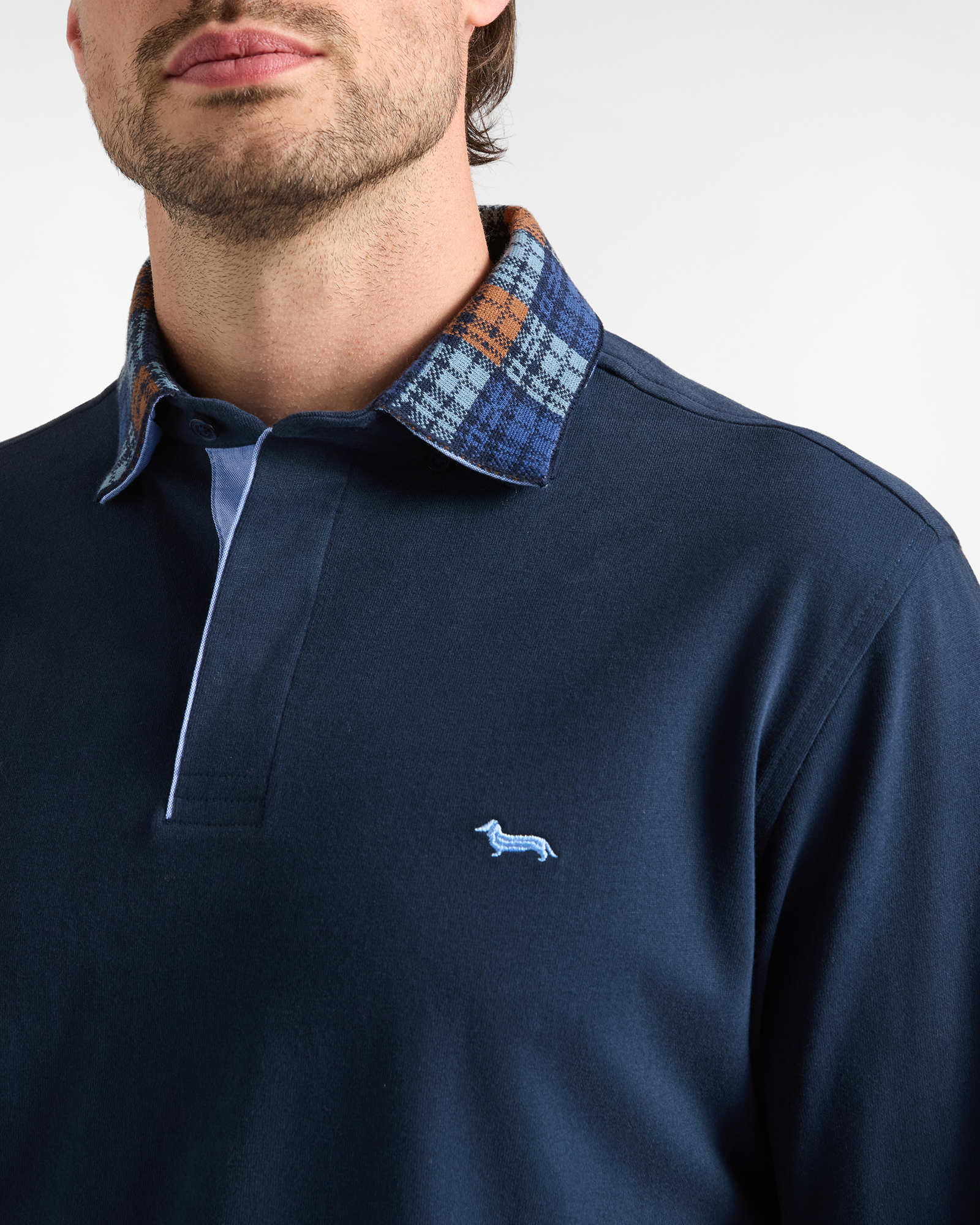 Polo da uomo manica lunga in jersey brushed di 100% puro cotone blu, BLU NAVY, large