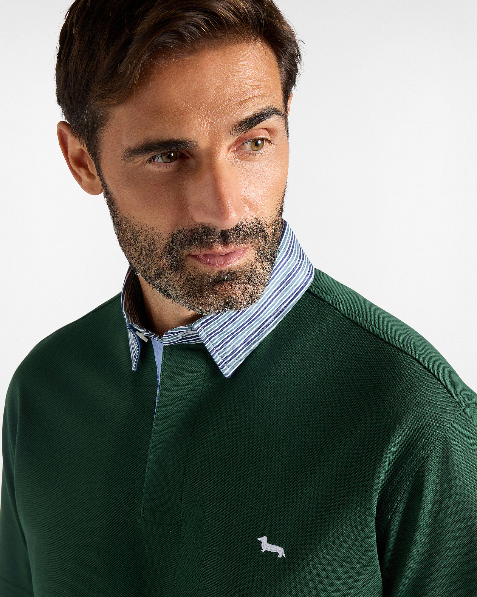 Polo Uomo Vietri in Piquet di Cotone con Collo a Contrasto, VERDE BOTTIGLIA, large