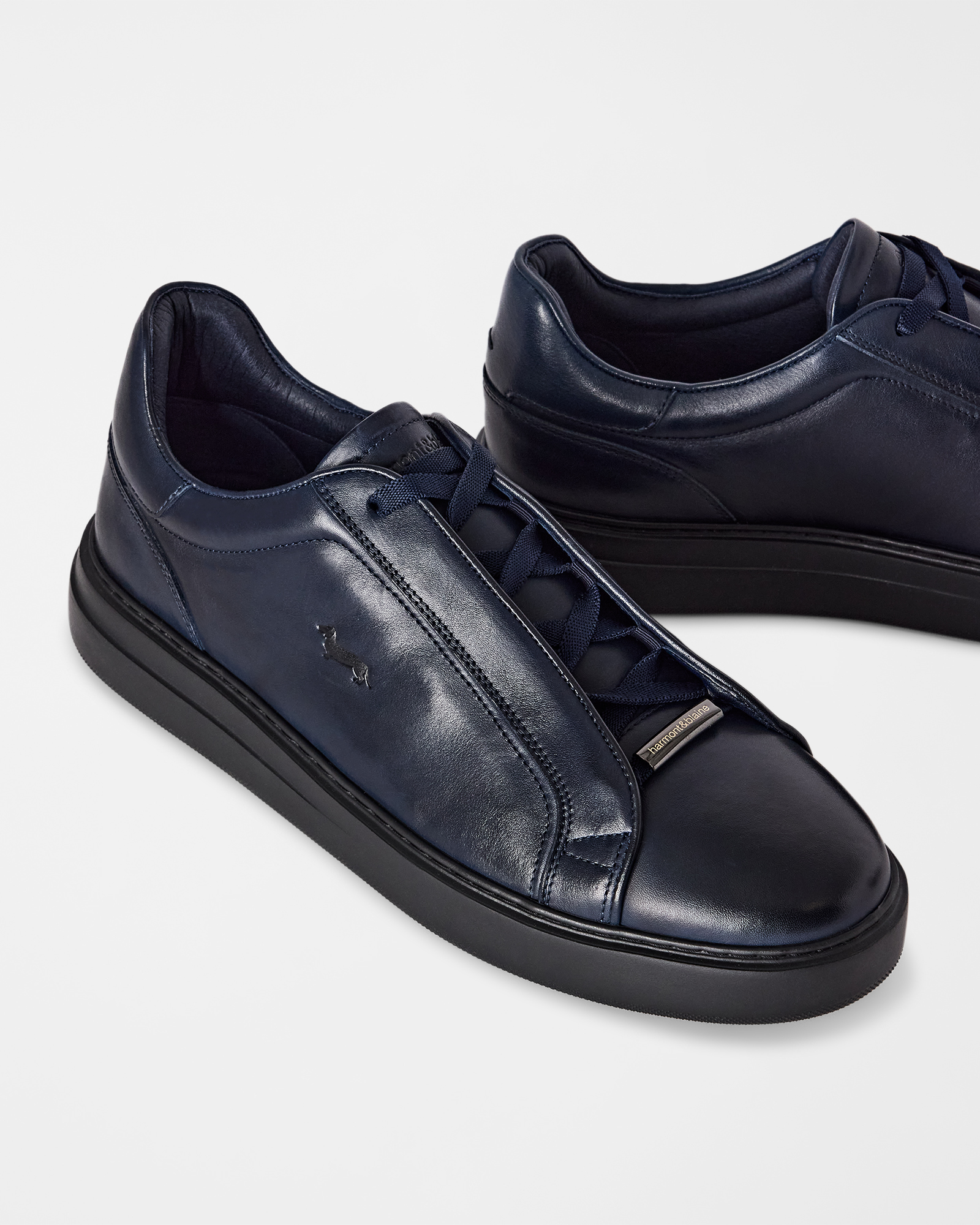 Sneaker Uomo in Pelle con Allacciatura Elastica, BLU, large