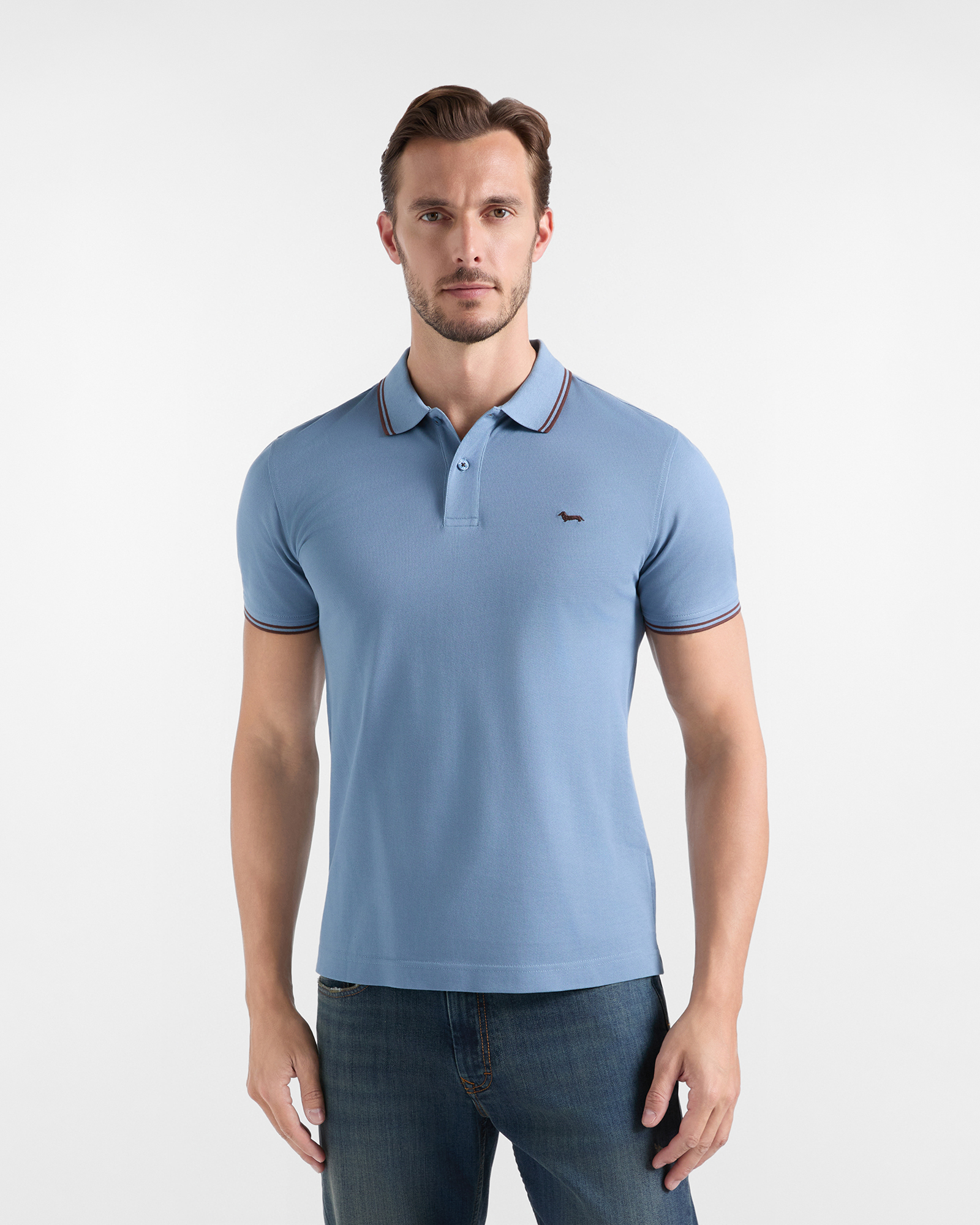 Polo da uomo manica corta in piquet di 100% puro cotone azzurro