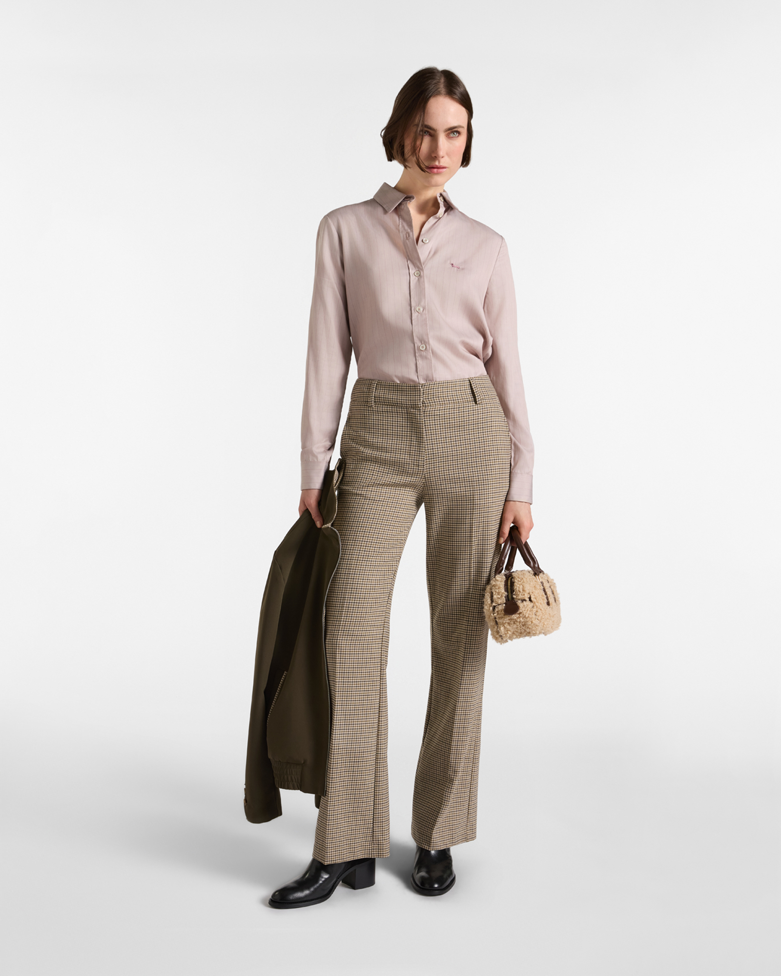 Camicia Donna tessuto fluido gessato sabbia, BEIGE, large