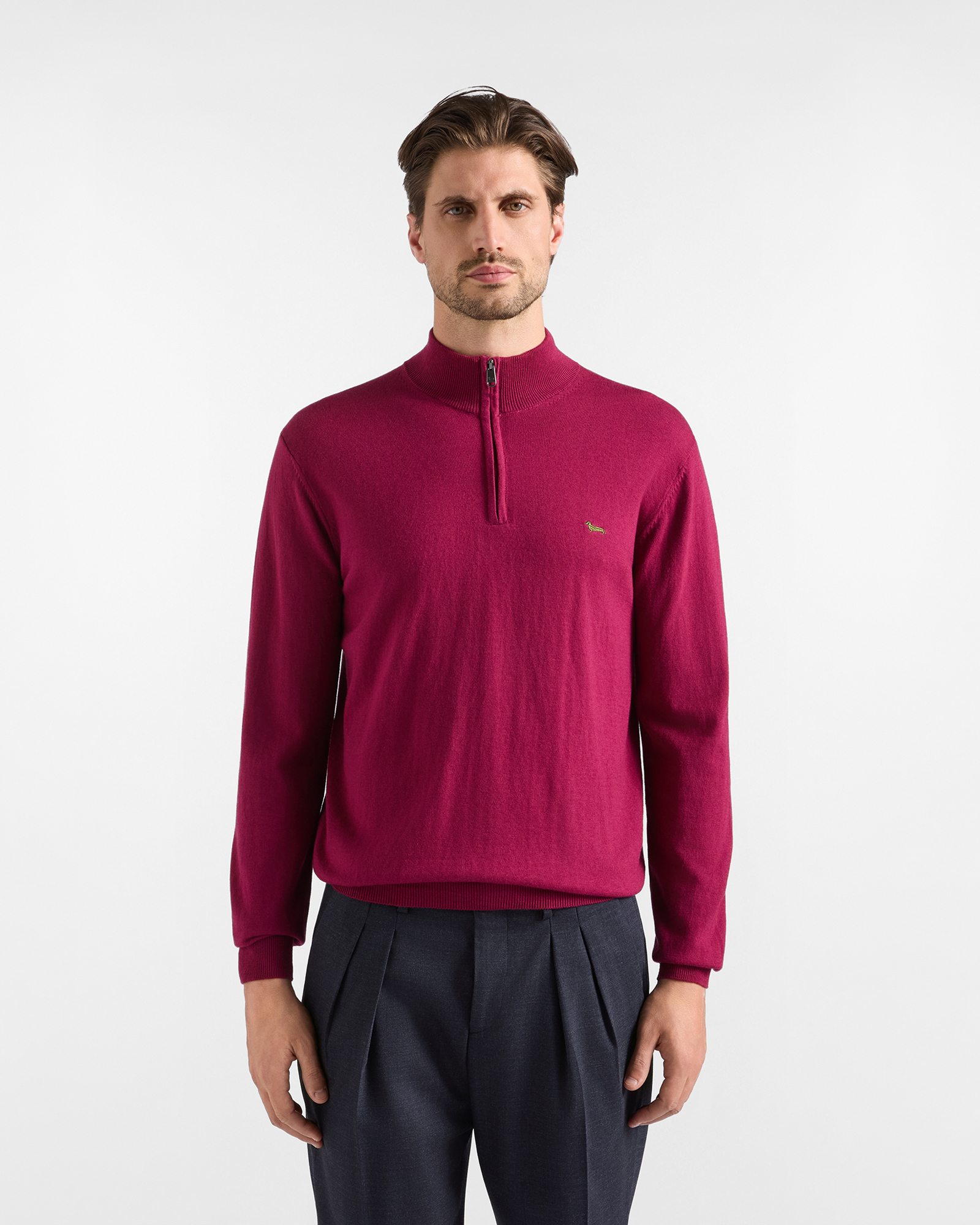 Maglia Uomo con collo alto half zip in misto lana e cotone rosso Regular Fit