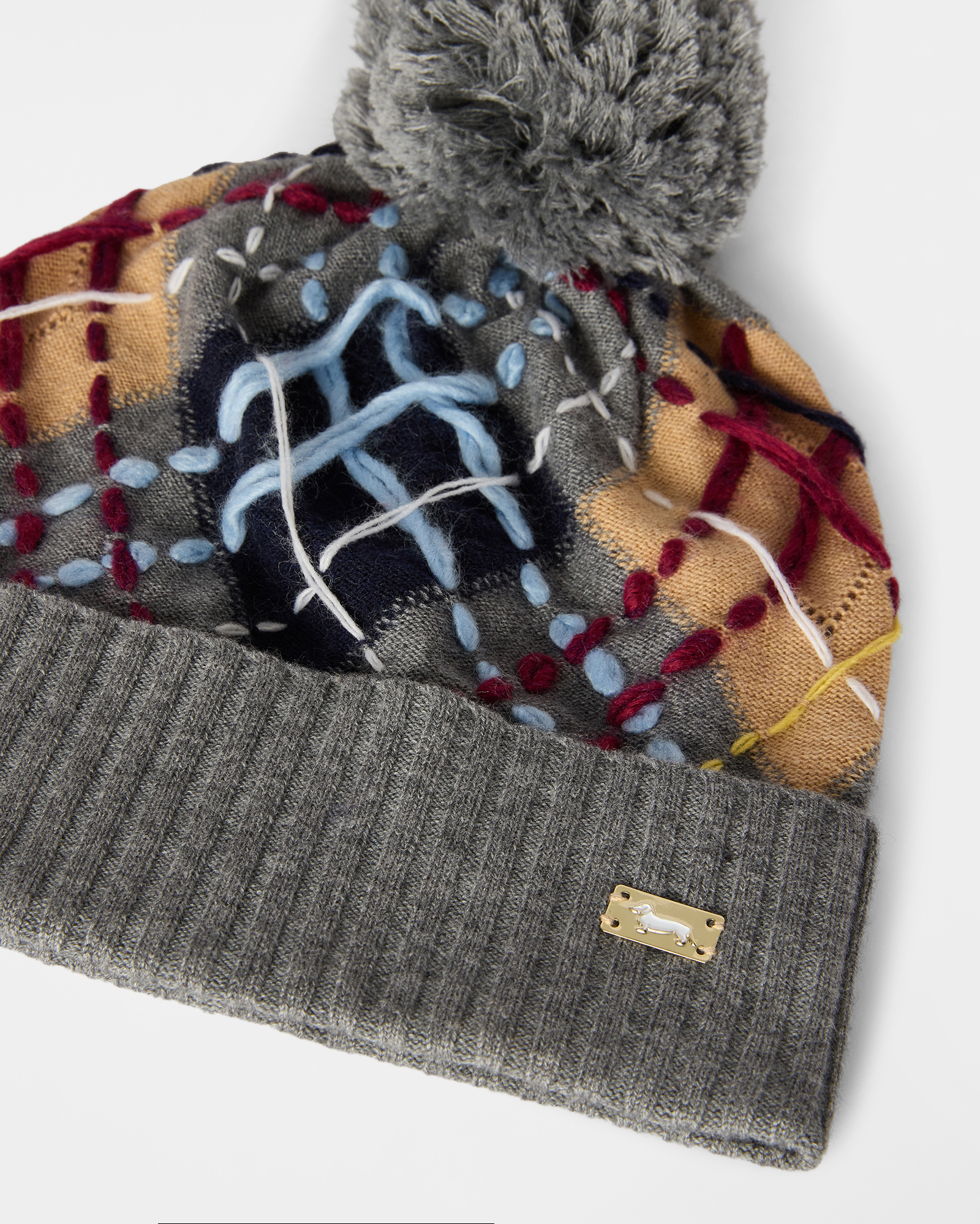 Beanie Donna in Misto Lana con Motivo Argyle, Pompon e Ricami Handmade, GRIGIO, large