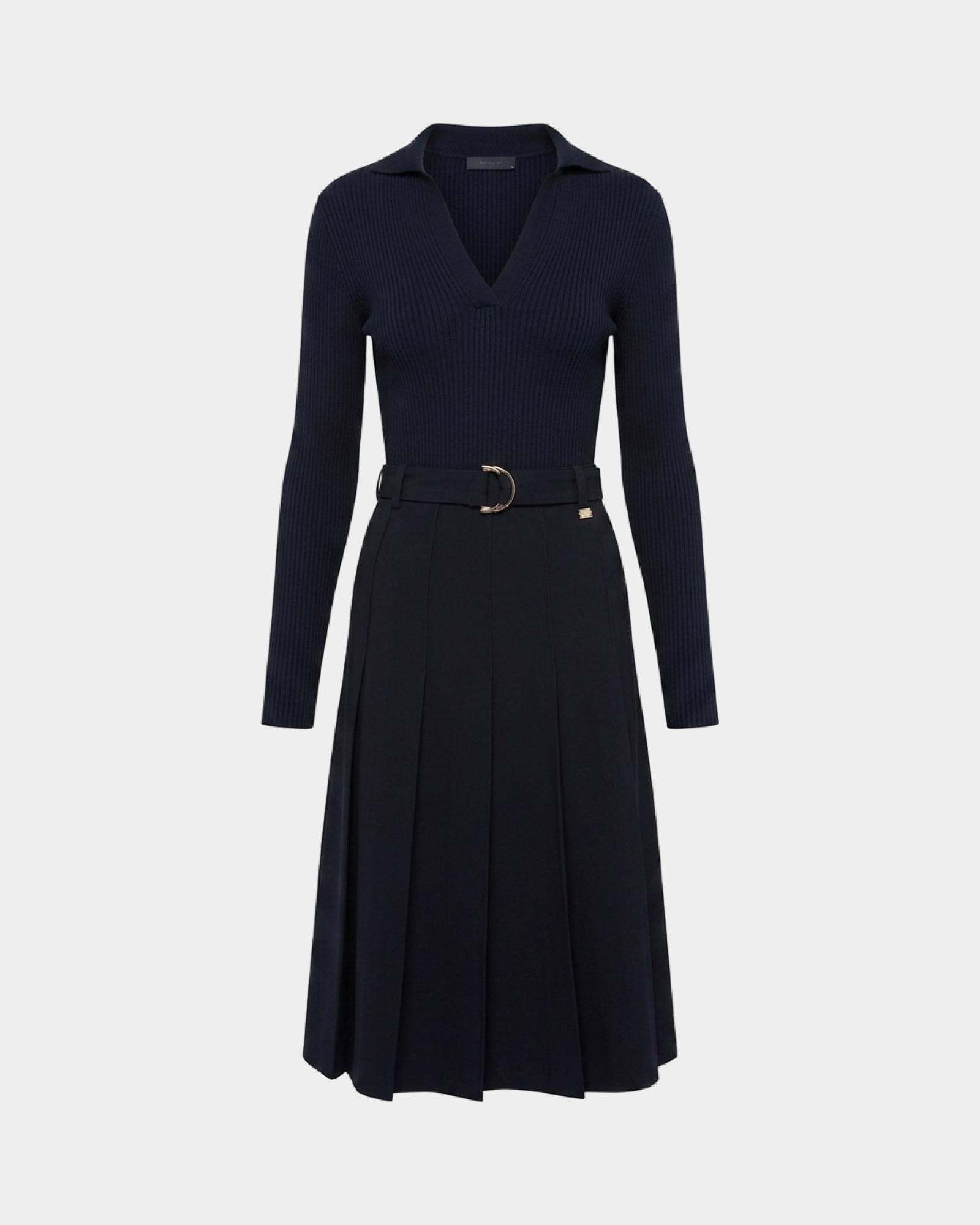 Abito Midi Donna Bimaterico con Corpino a Coste e Cintura, BLU NAVY, large