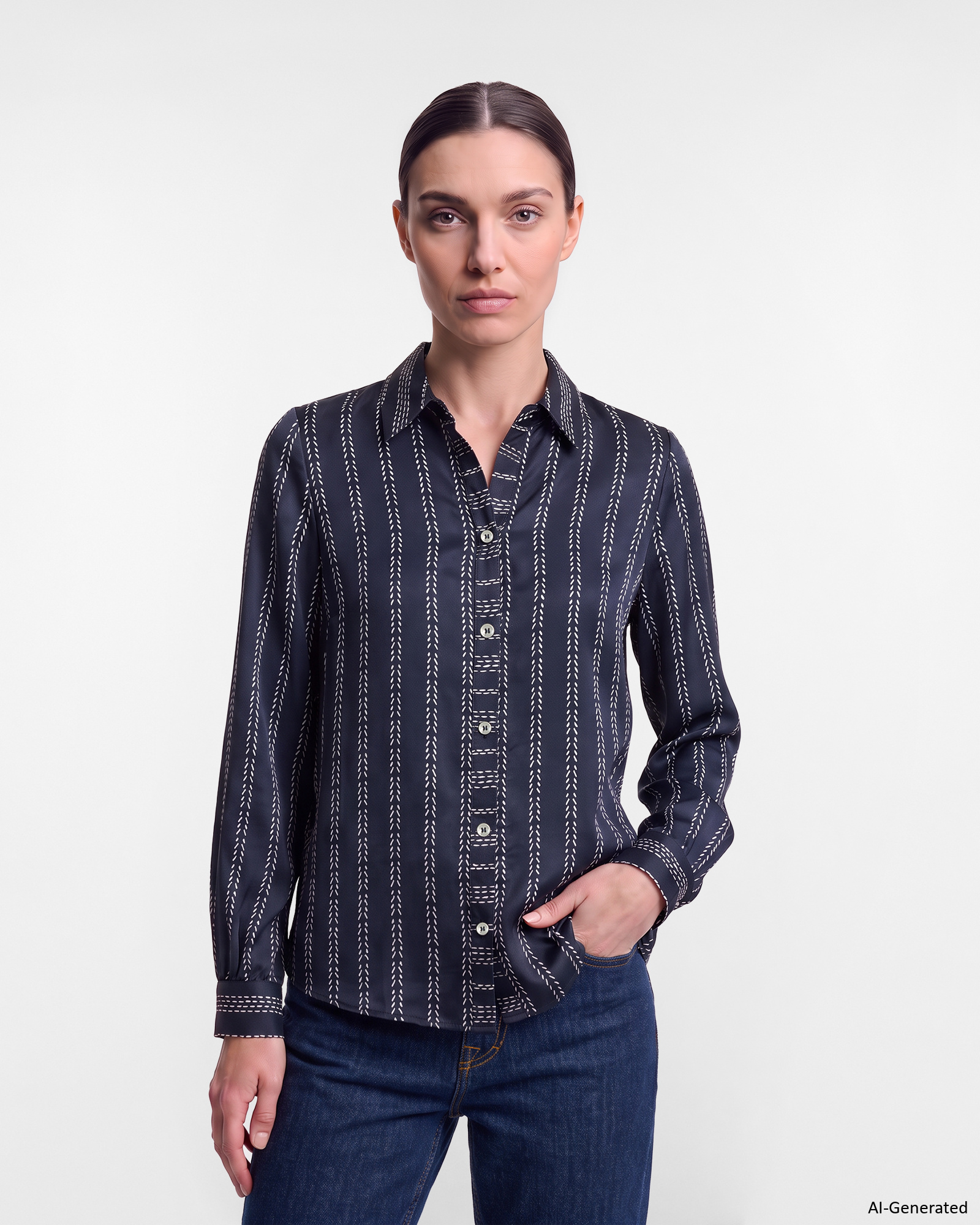 Camicia Donna stampata con scollo a V blu Made in Italy