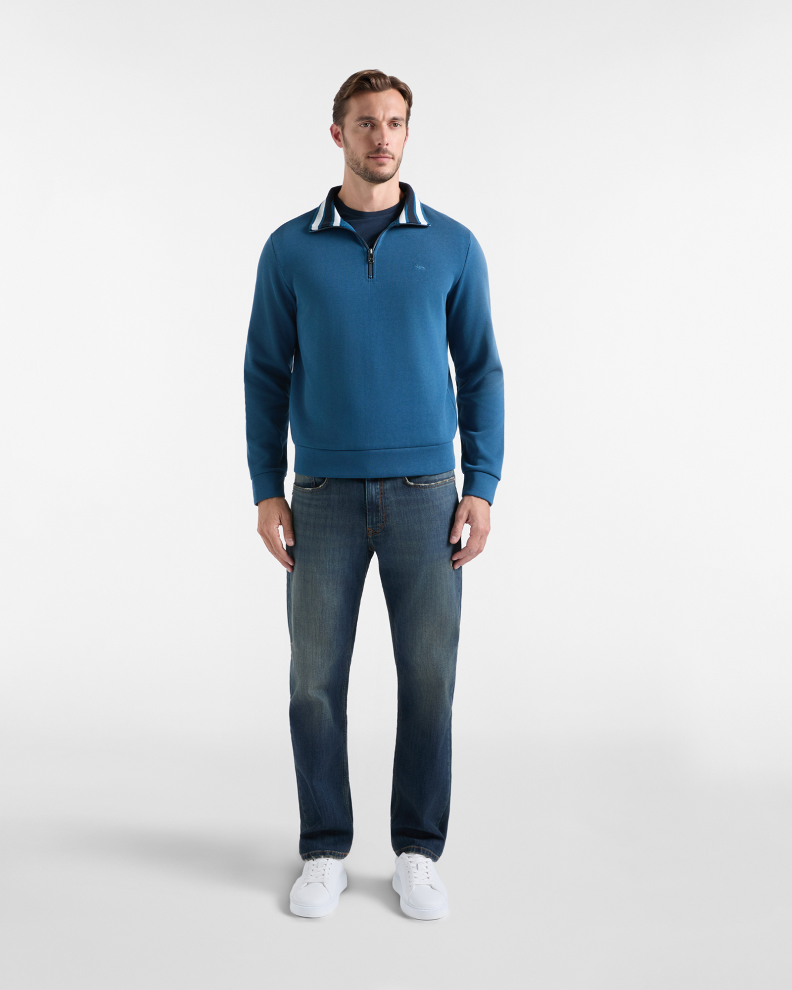 Felpa Uomo half zip in cannetta di cotone Regular Fit, VERDE SCURO, large