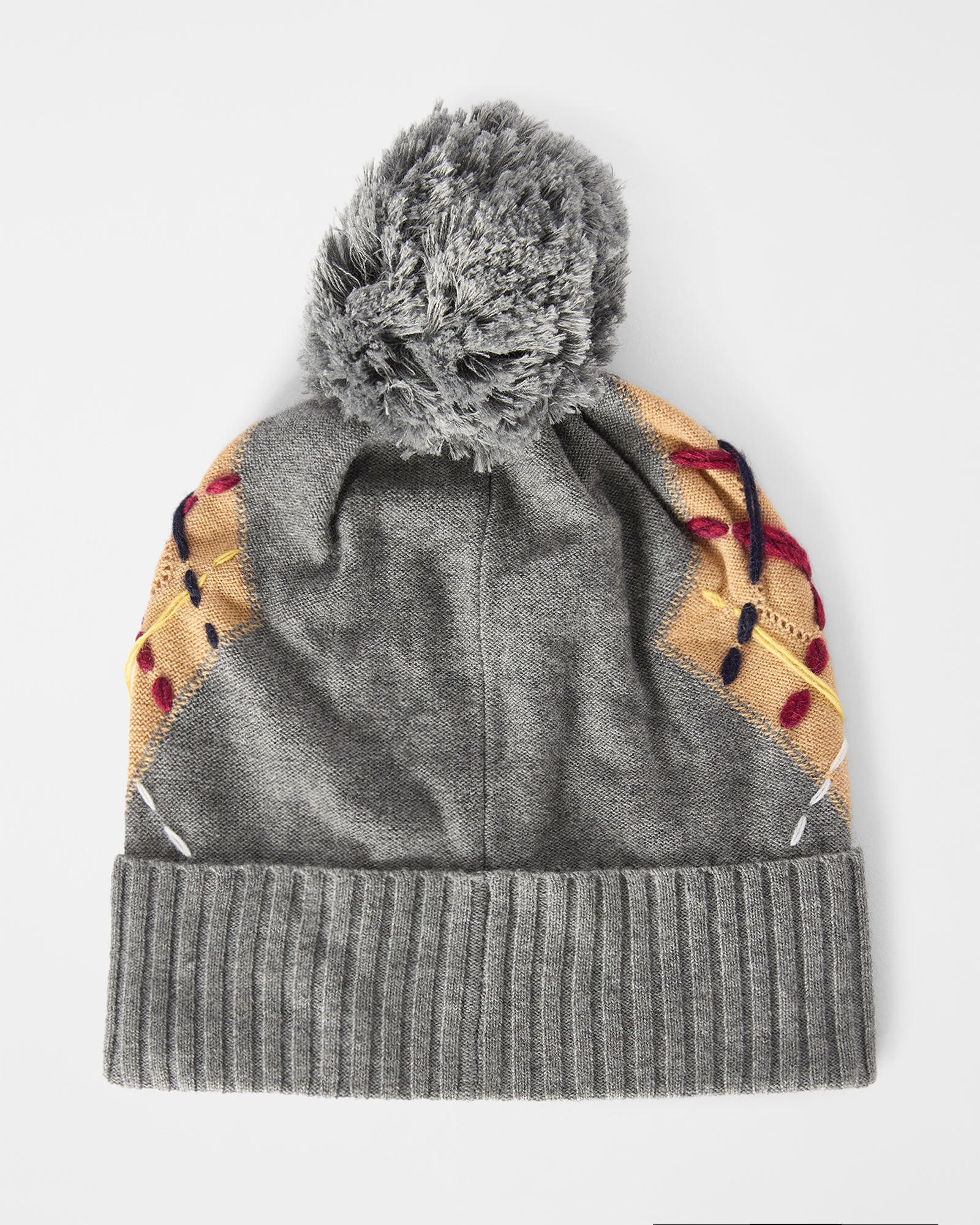 Beanie Donna in Misto Lana con Motivo Argyle, Pompon e Ricami Handmade, GRIGIO, large