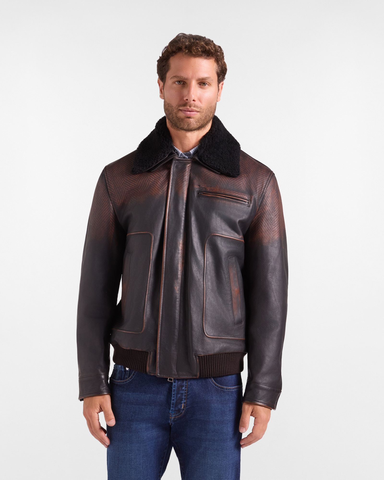 Bomber uomo in pelle stampato con collo montone marrone scuro