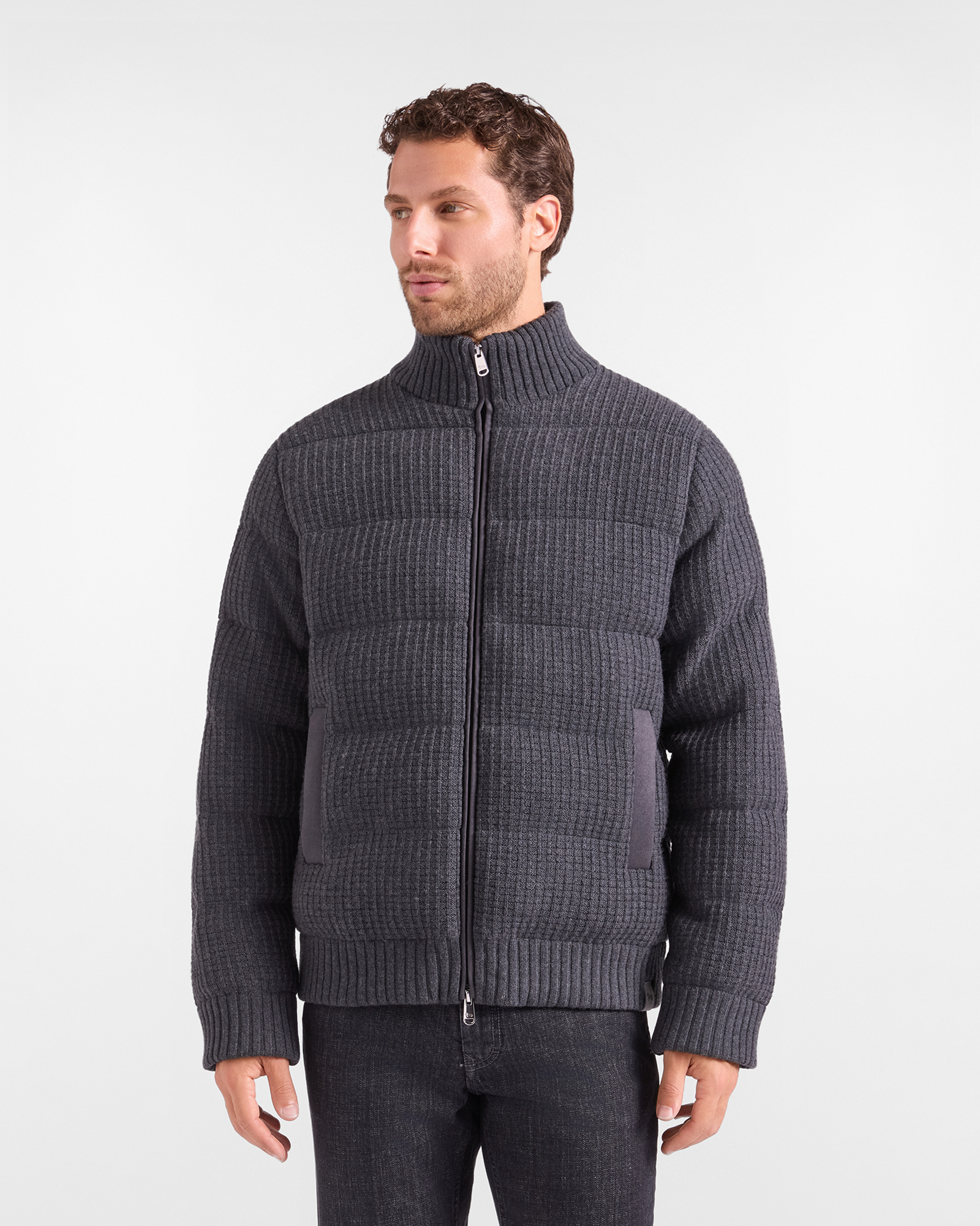 Giubbino in Maglia Uomo con collo alto con zip in 100% pura lana grigio Regular Fit