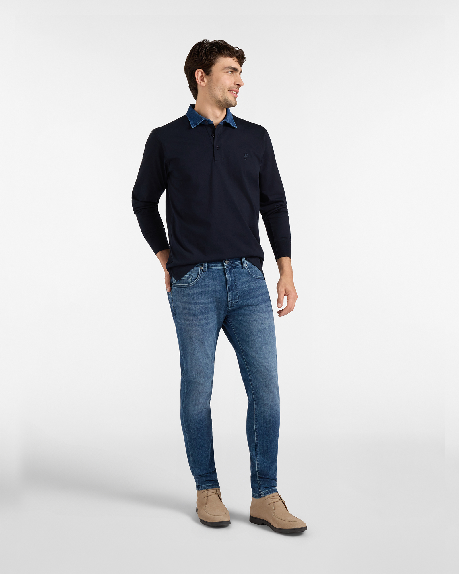 Polo HBJ Uomo con Colletto in Denim di Puro Cotone, BLU SCURO, large