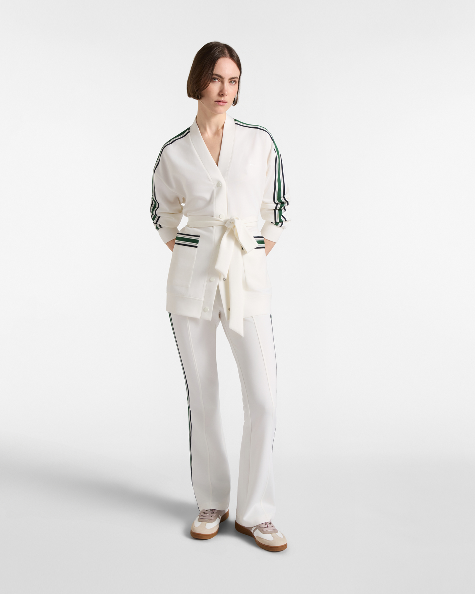 Cardigan Donna in felpa kimono con bande regimental, BIANCO, large