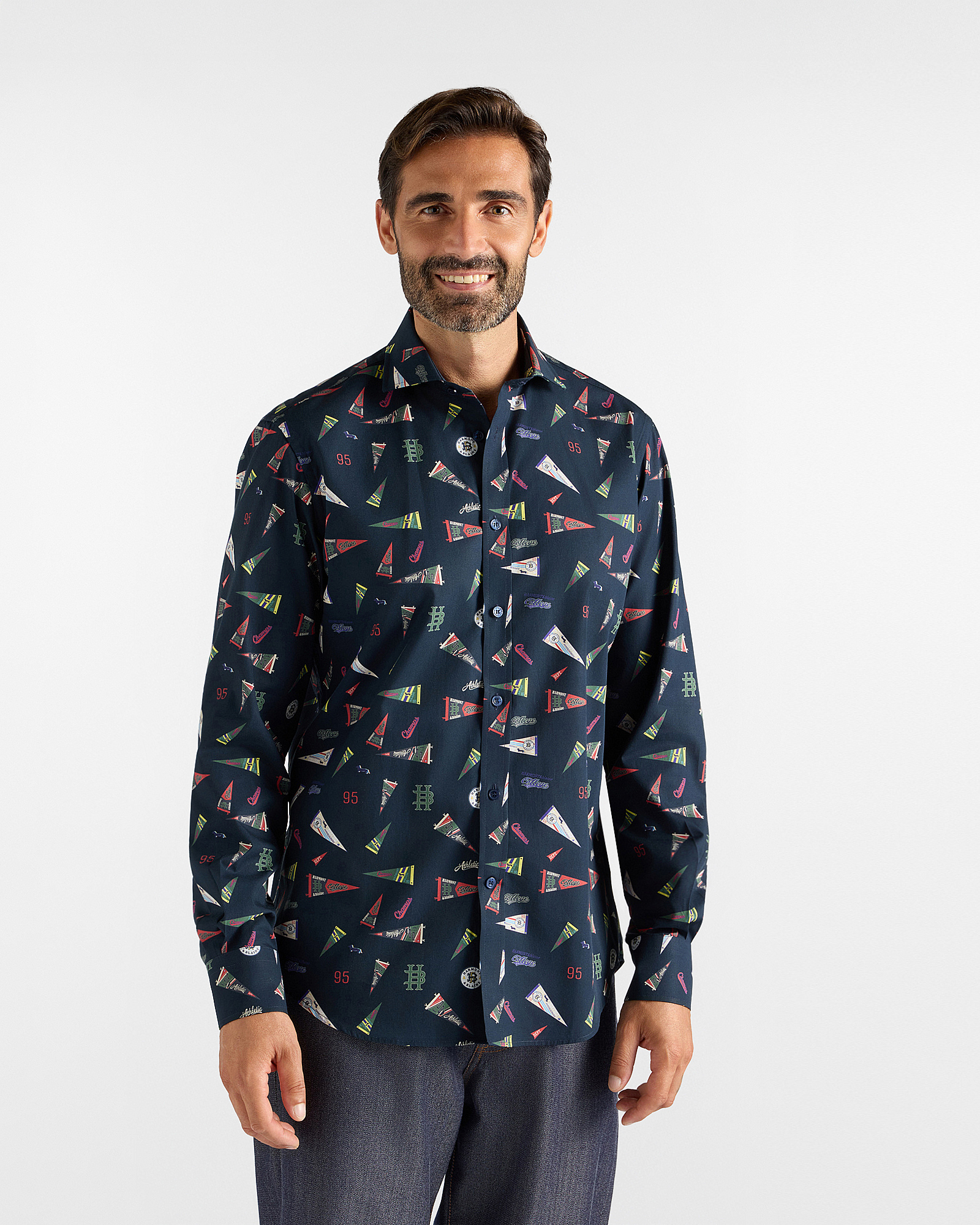 Camicia Uomo popeline stampa bandiera Regular Fit blu
