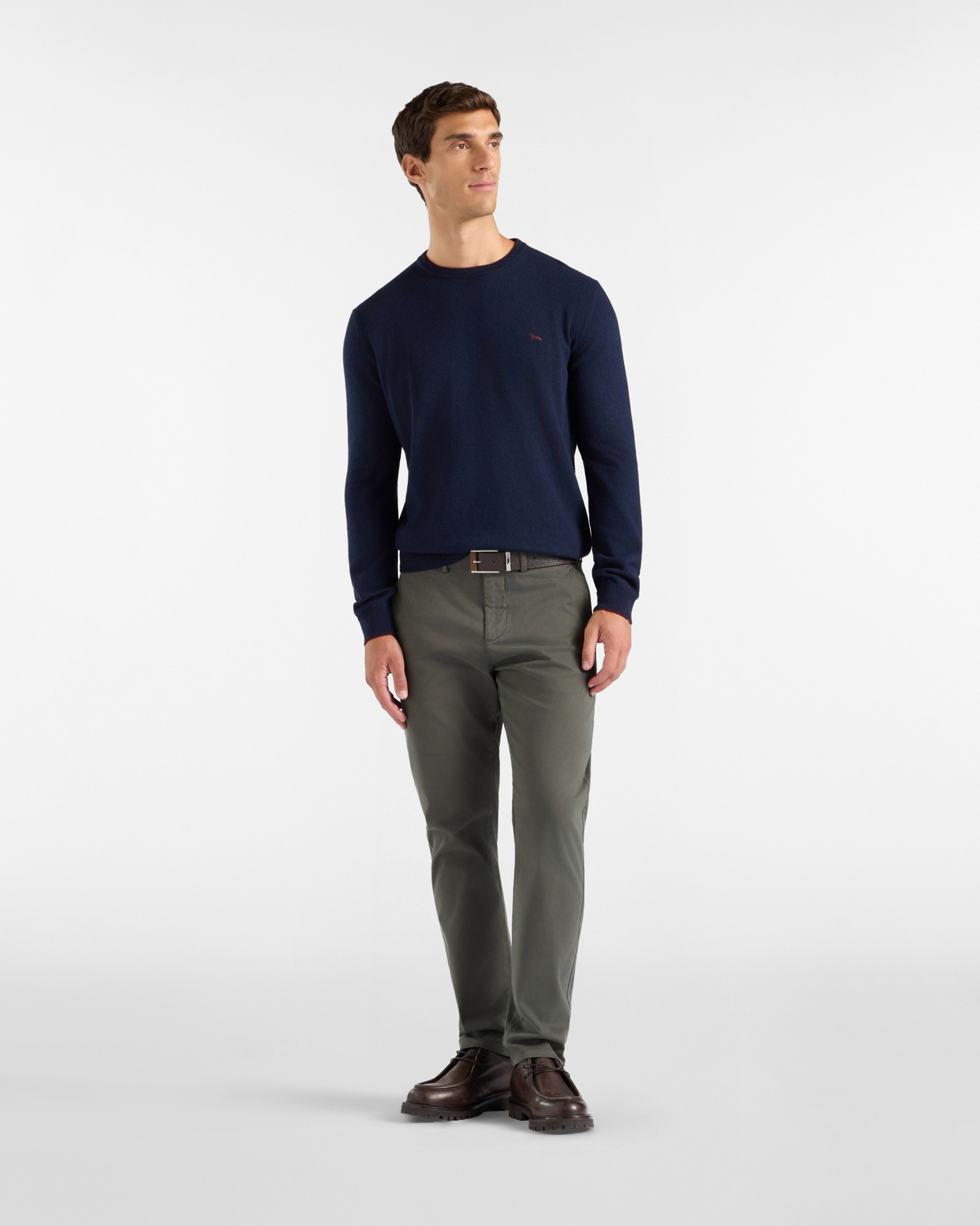 Maglia Uomo girocollo con riga contrasto in misto lana e cashmere grigio Regular Fit, BLU NAVY, large