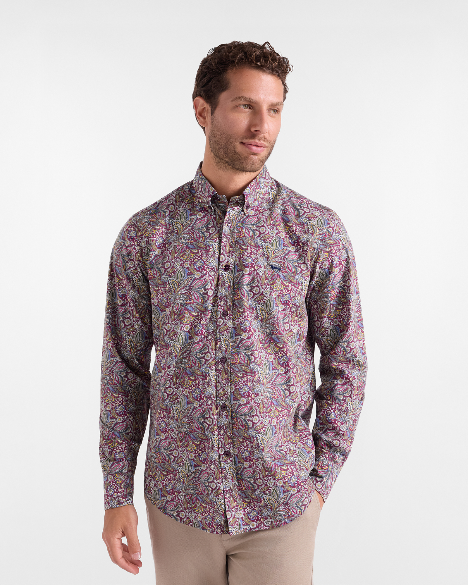 Camicia Uomo popeline stampa paisley Regular Fit viola scuro