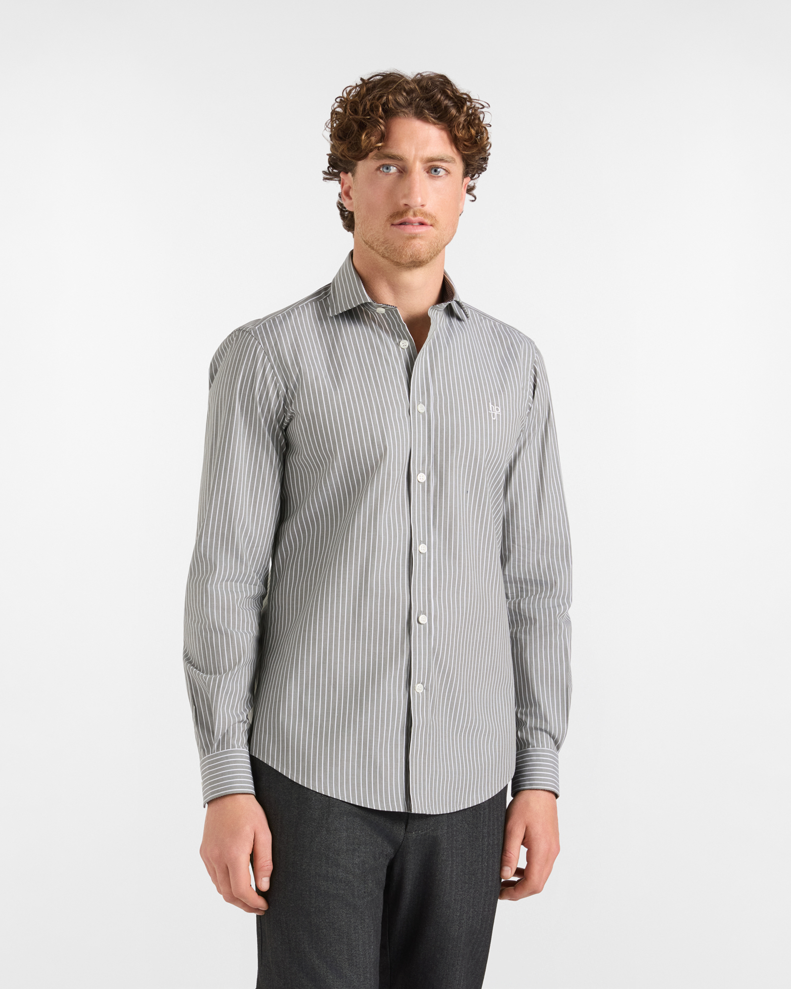Camicia HBJ Uomo Narrow Fit in cotone stretch a righe verde con collo French