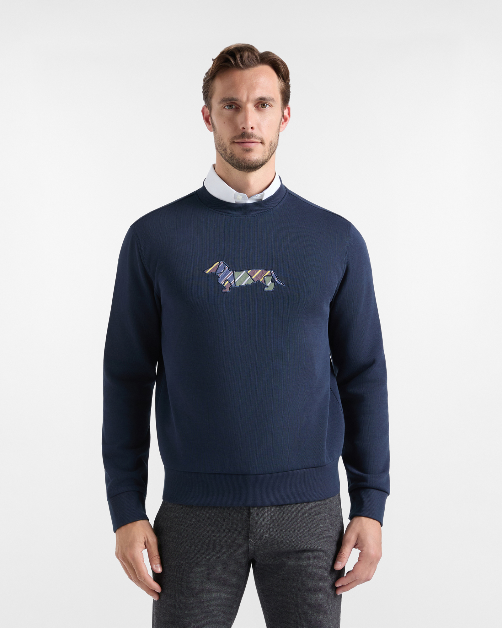 Felpa Uomo girocollo in cannetta blu con patch regimental