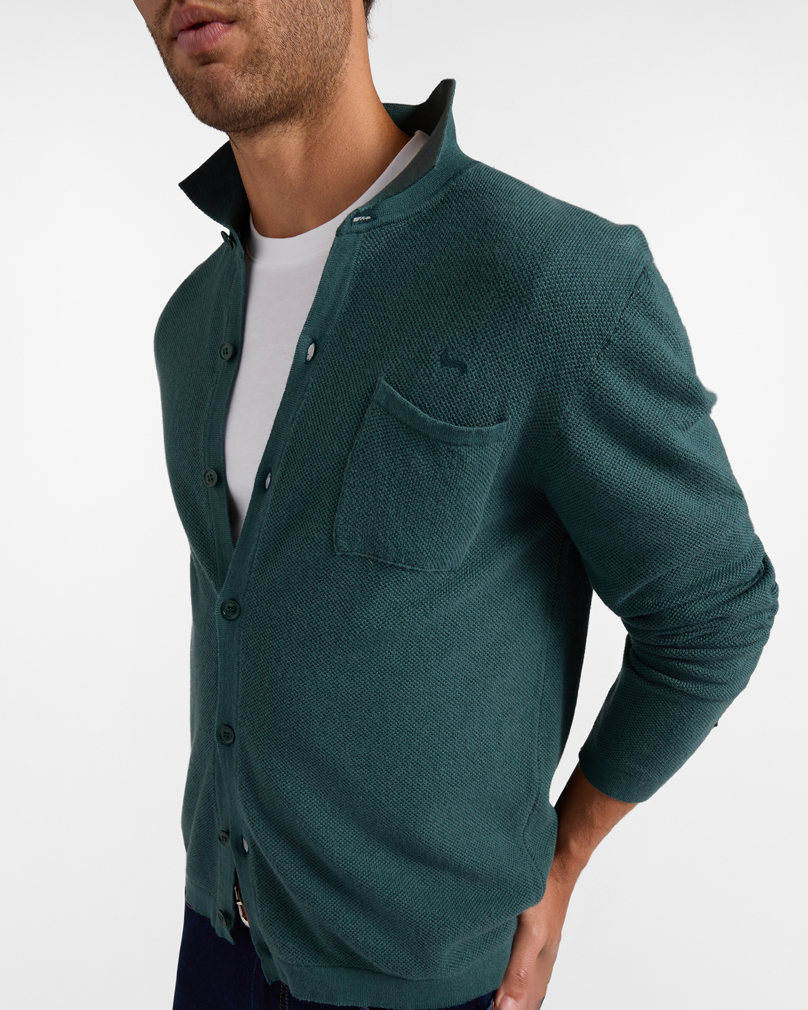 Maglia Uomo con colletto polo abbottonato in misto lana e cotone  Regular Fit Made in Italy, VERDE BOTTIGLIA, large