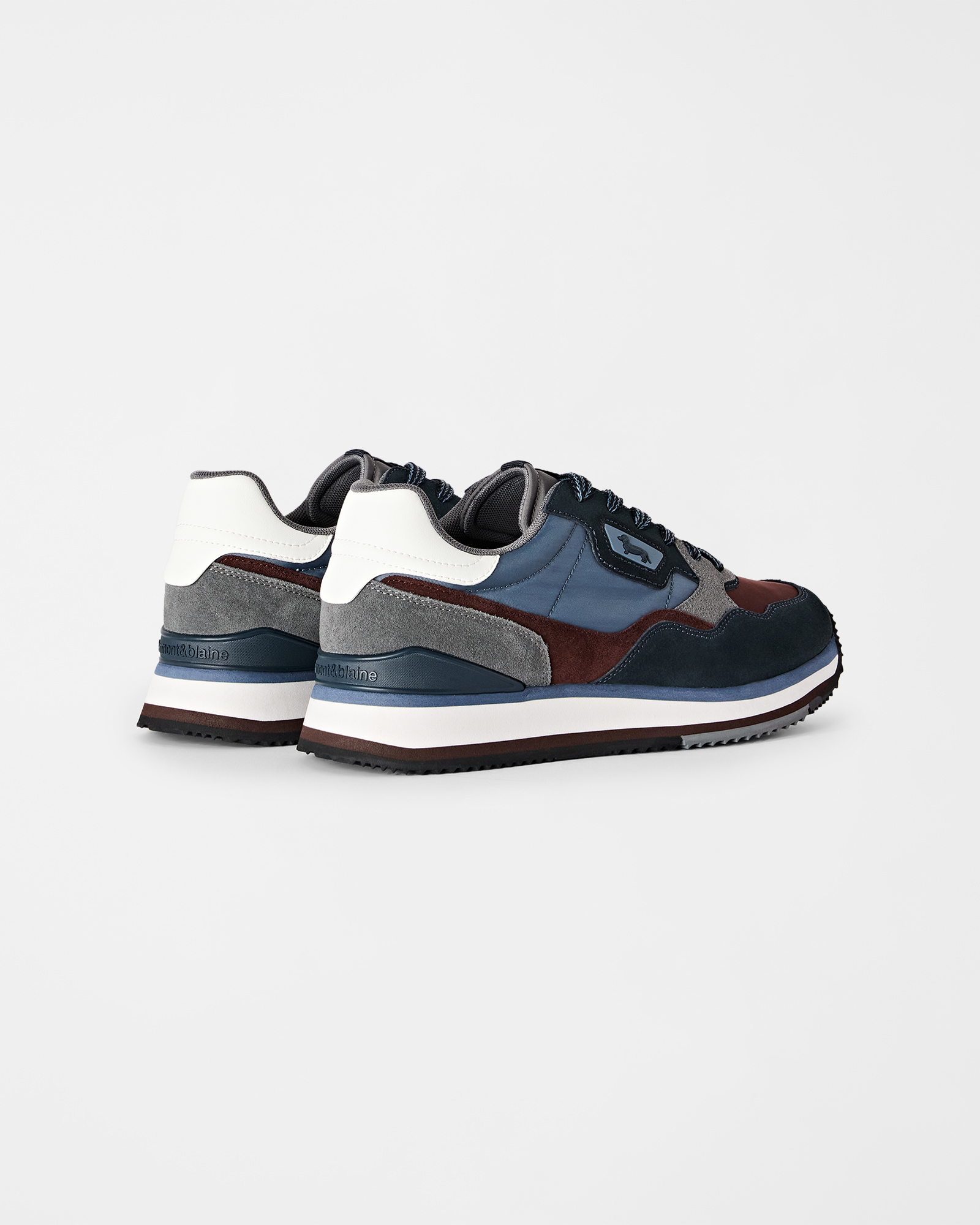 Sneaker Uomo running in suede tricolore e tessuto tecnico tricolore, BLU - MARRONE, large
