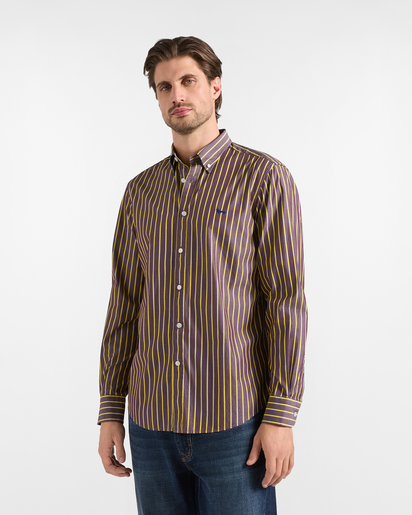 Camicia Uomo Regular Fit Righe Regimental in Cotone Viola Scuro
