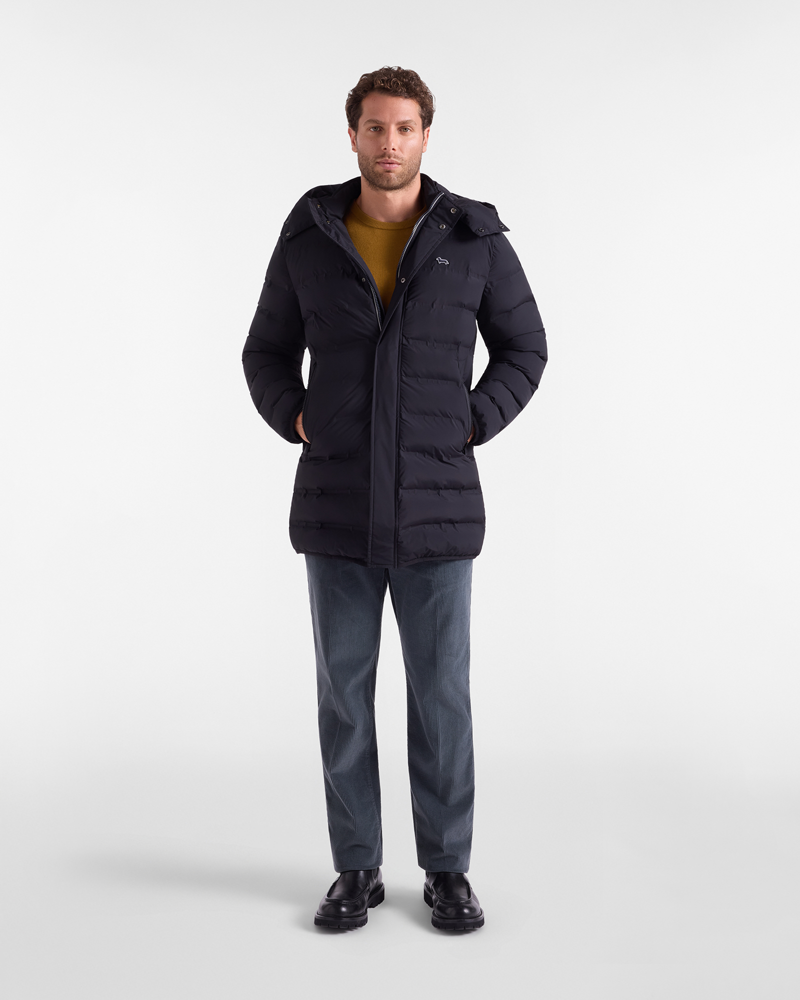 Giubbino Uomo Lungo Trapuntato Con Cappuccio Staccabile In Nylon Tecnico, NERO, large
