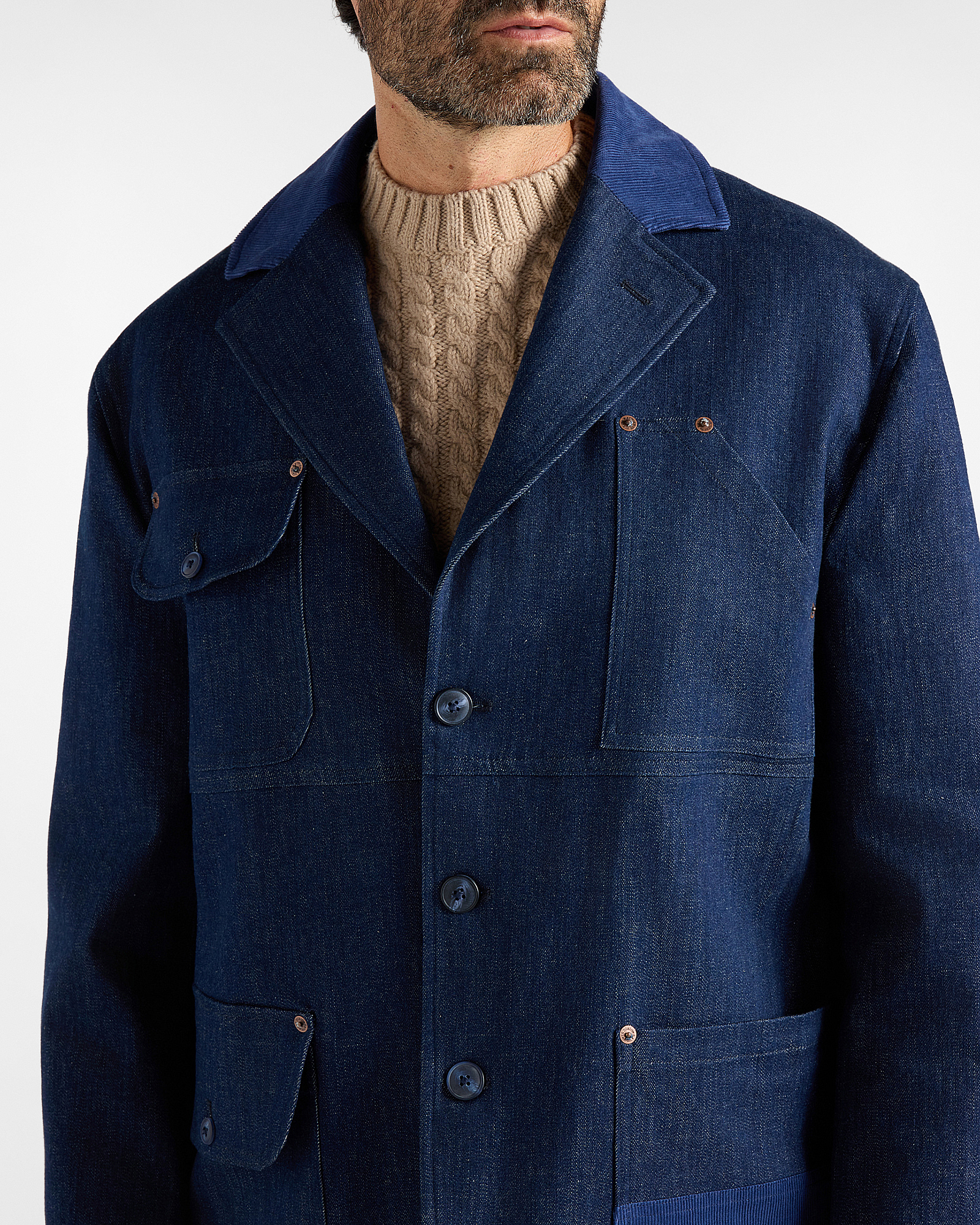 Giacca Uomo Re-Loved in Denim di Cotone Stretch con Dettagli in Velluto Made in Italy, BLU DENIM, large