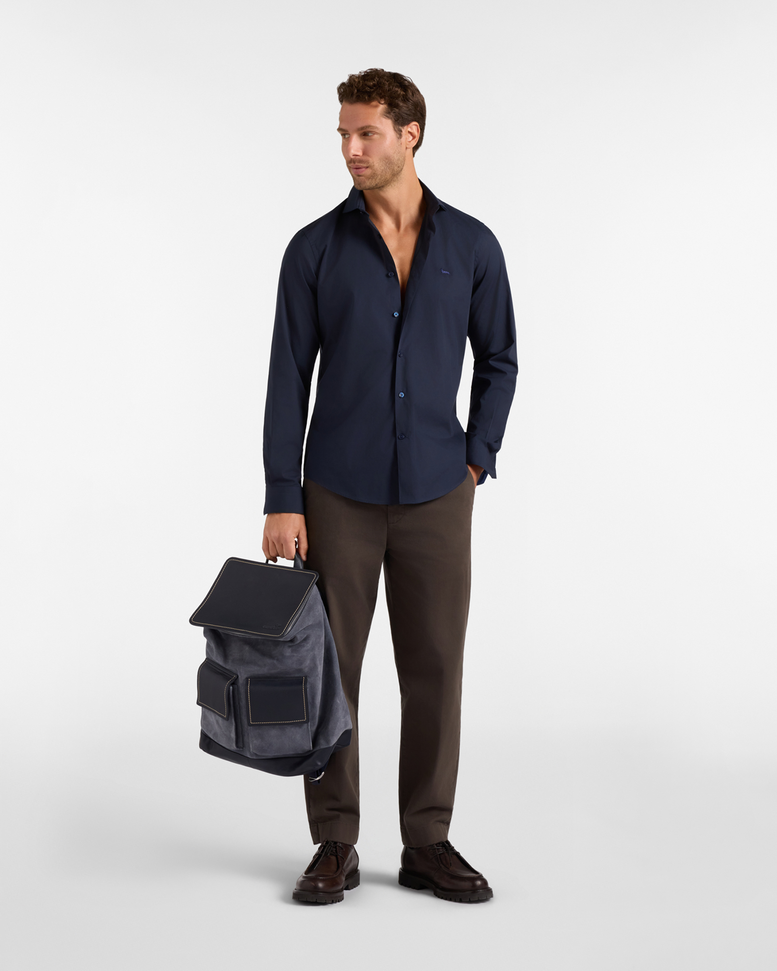 Camicia Uomo popeline stretch tinta unita Narrow Fit, BLU NAVY, large