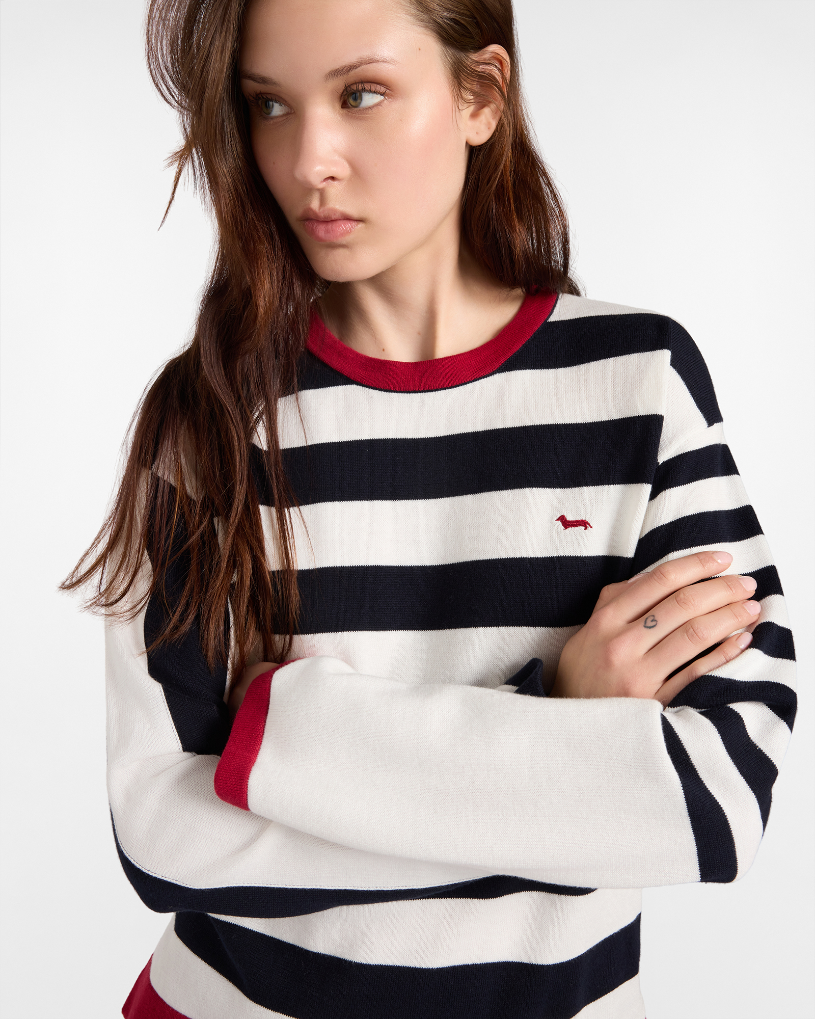 Maglia Donna a Righe in Cotone con Dettagli a Contrasto, BIANCO, large