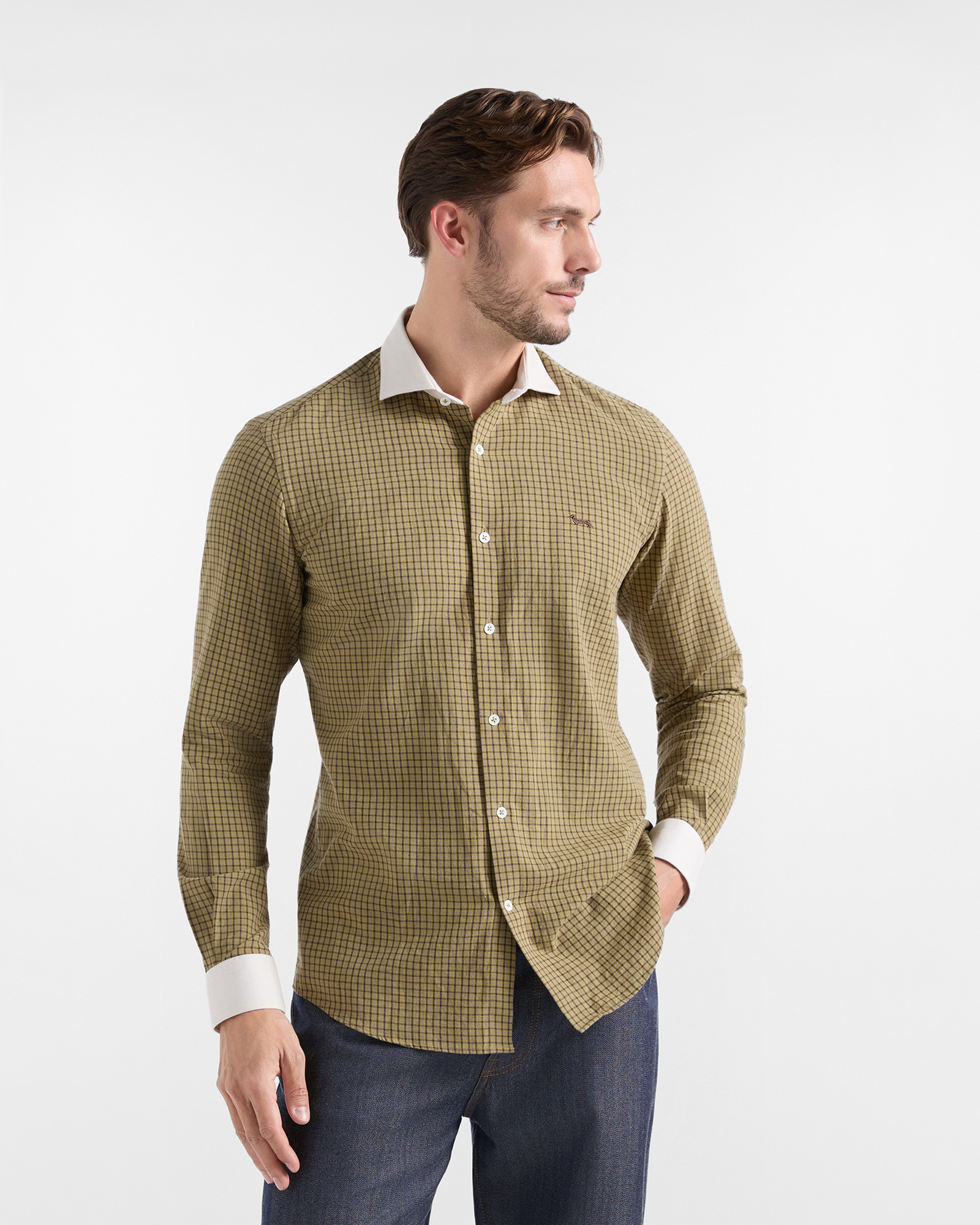 Camicia Harmont & Blaine Uomo Capsule Qualit&agrave; a Colori in flanella di cotone micro check verde chiaro