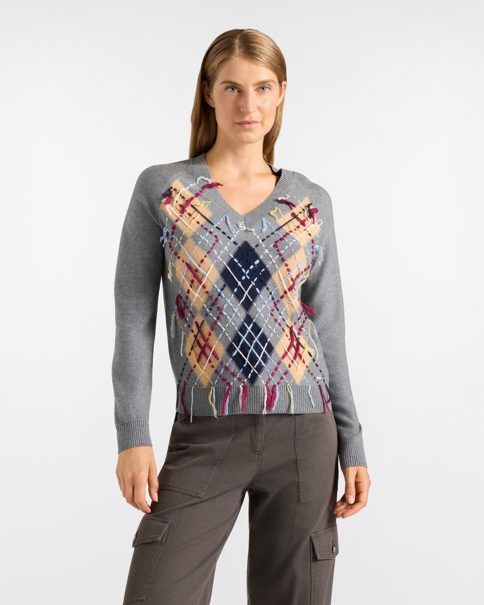 Maglia Donna con scollo a V in misto lana grigia